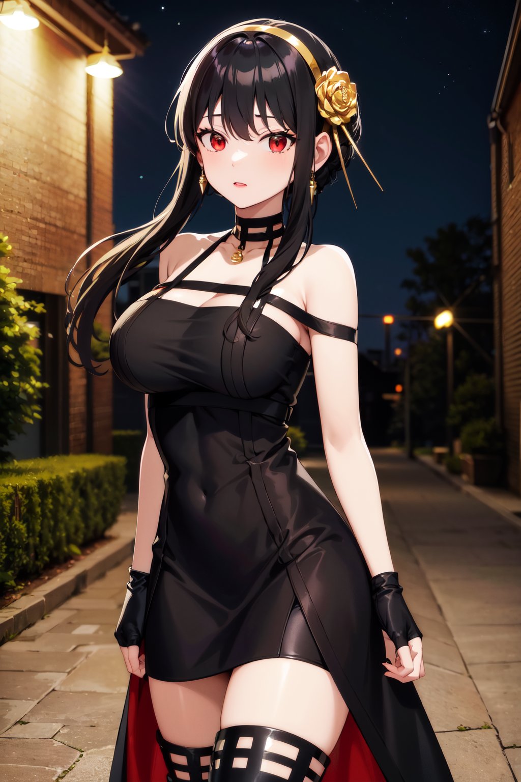 masterpiece, best quality, highres, aayorf, sidelocks, gold hairband, hair ornament, red eyes, gold earring, large breasts, choker, bare shoulders, black dress, two-sided dress, fingerless gloves, thigh boots, <lora:yor_forger_v1:0.8>, cowboy shot, standing, looking at viewer, outdoors, night