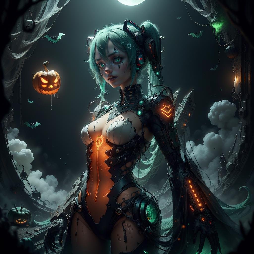 <lora:halloweenTech-20:0.8>, halloweentech , scifi,  supernatural green, spooky,hatsune miku, cowboy shot, glowing hair 