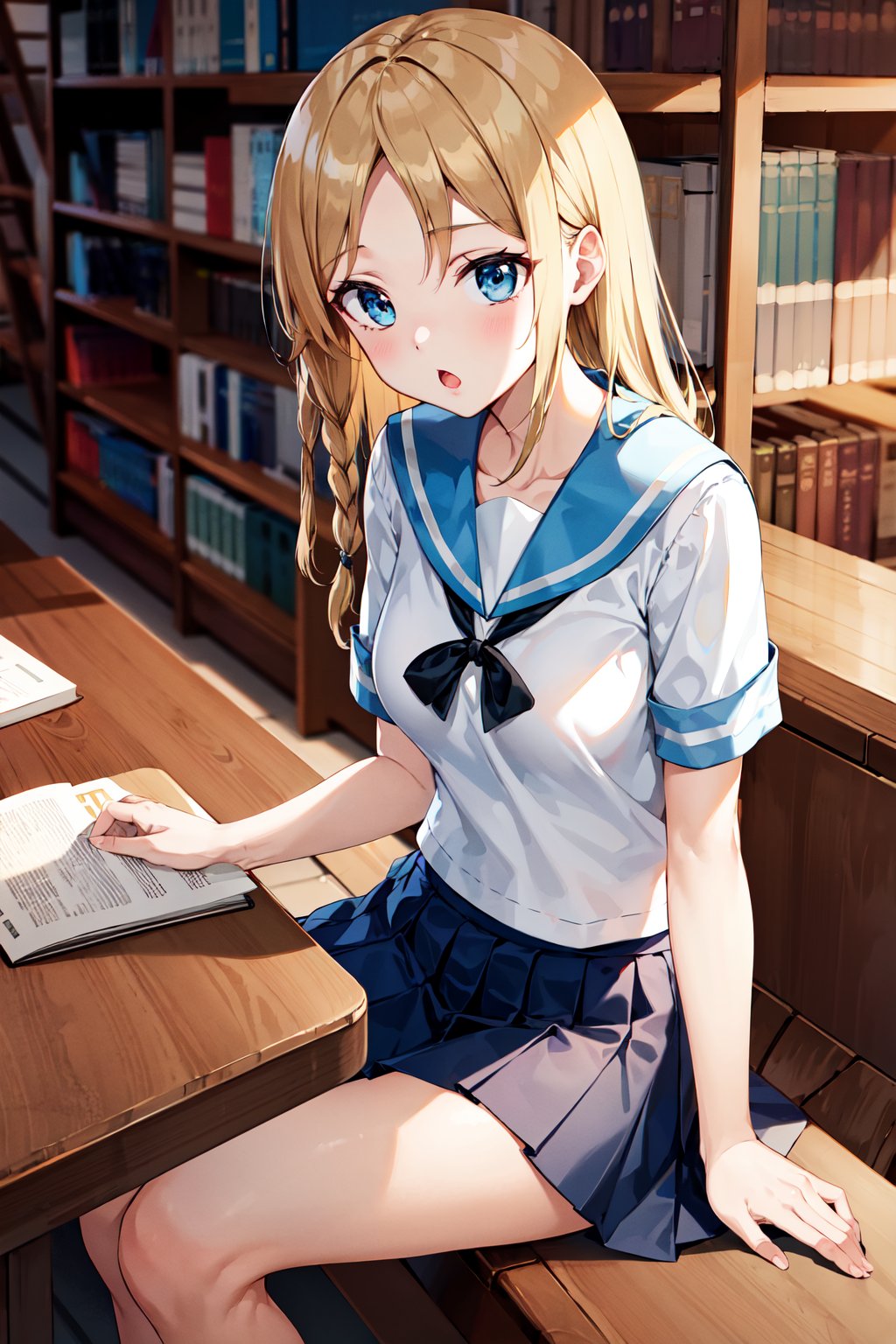 masterpiece, best quality, highres, bbhayasaka, single braid, medium breasts, school uniform, serafuku, blue sailor collar, sailor shirt, white shirt, short sleeves, pleated skirt, blue skirt, <lora:hayasaka_ai_v2:0.7>, library, sitting, book, table, :o