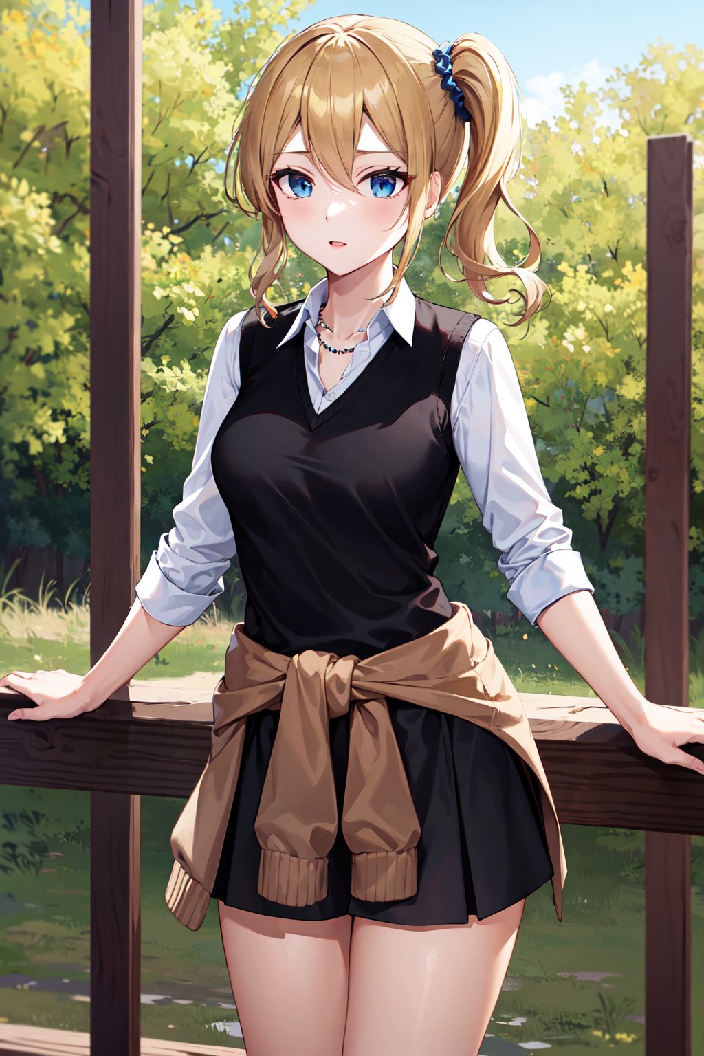 masterpiece, best quality, highres, aahayasaka, side ponytail, medium breasts, necklace, collared shirt, black vest, sleeves rolled up, clothes around waist, black skirt, <lora:hayasaka_ai_v2:0.7>, outdoors, standing, cowboy shot