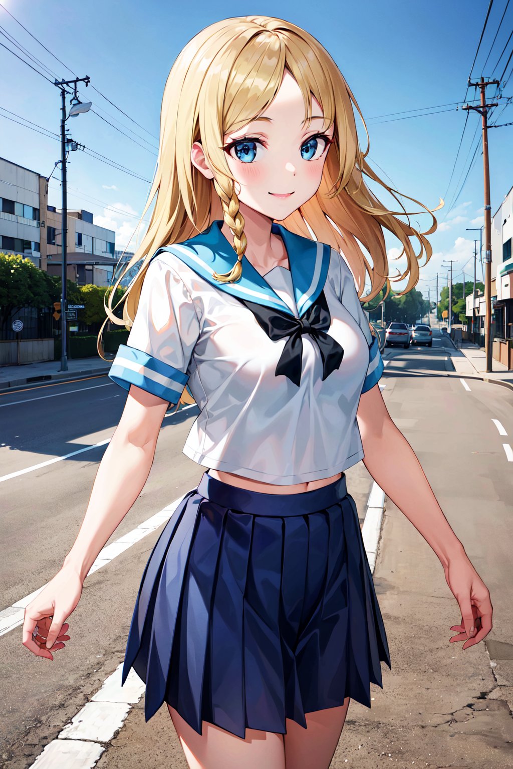 masterpiece, best quality, highres, bbhayasaka, single braid, medium breasts, school uniform, serafuku, blue sailor collar, sailor shirt, white shirt, short sleeves, pleated skirt, blue skirt, <lora:hayasaka_ai_v2:0.7>, street, standing, cowboy shot, smile