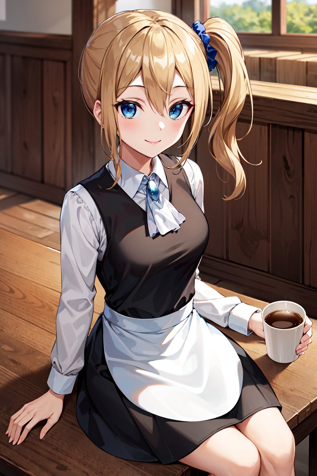 masterpiece, best quality, highres, aahayasaka, side ponytail, medium breasts, ascot, collared shirt, black vest, long sleeves, maid apron, skirt, <lora:hayasaka_ai_v2:0.7>, table, sitting, coffee, cup, smile