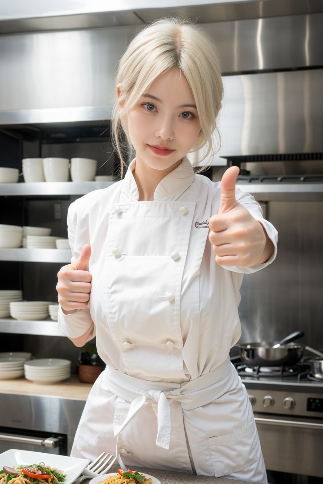 1girl, 
big_boobies ,platinum blonde hair,Thumbs up and beaming,Chef’s Traditional Whites