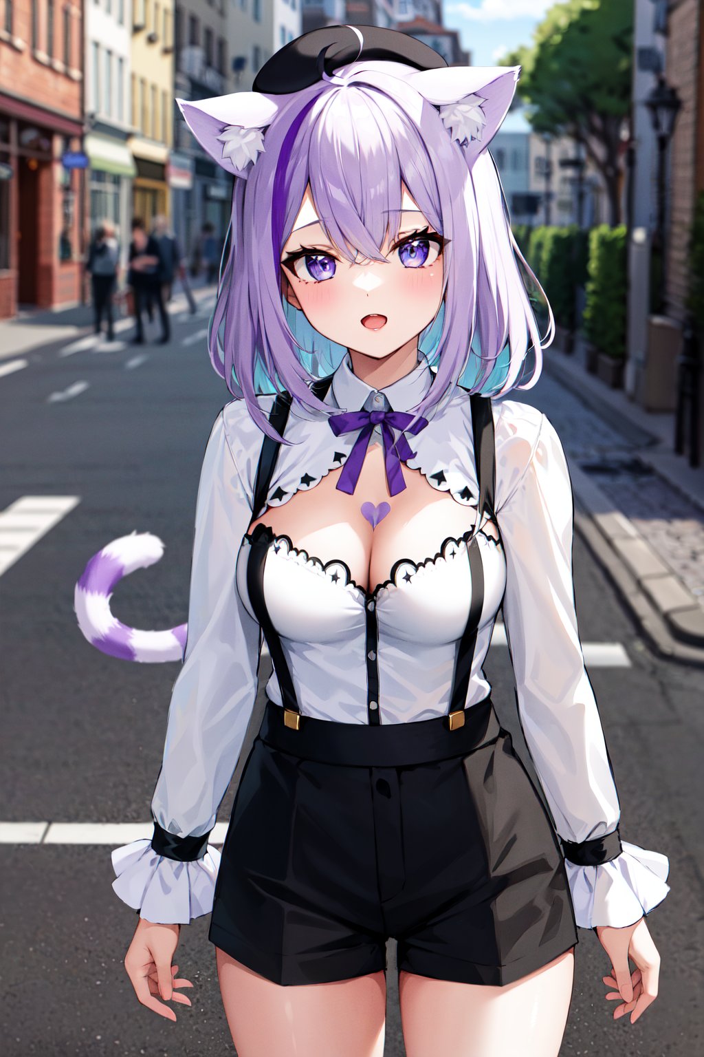 masterpiece, best quality, highres, aaokayu, medium hair, multicolored hair, streaked hair, animal ears, beret, cat tail, purple ribbon, breast tattoo, cleavage cutout, white shirt, suspender shorts, black shorts, <lora:nekomata_okayu_v1:0.8>, cowboy shot, standing, outdoors, street