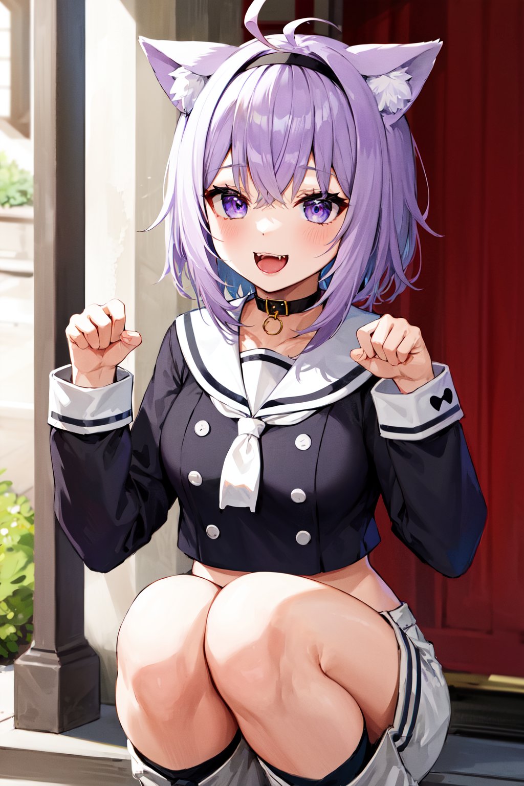 masterpiece, best quality, highres, aaokayu, short hair, purple hair, ahoge, black hairband, animal ears, cat tail, sailor collar, neckerchief, black shirt, midriff, button, white shorts, <lora:nekomata_okayu_v1:0.8>, squatting, paw pose, smile, open mouth, park, outdoors, fangs