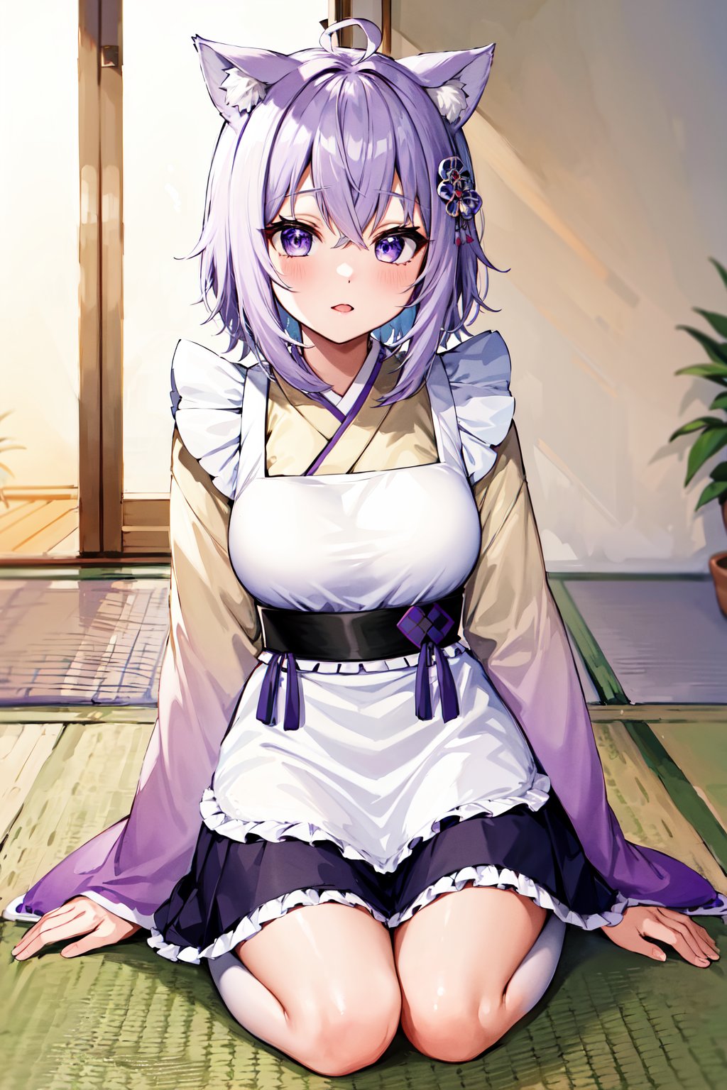 masterpiece, best quality, highres, aaokayu, short hair, ahoge, animal ears, hair ornament, cat tail, ribbon trim, japanese clothes, white kimono, white apron, frilled apron, sash, obi, purple skirt, <lora:nekomata_okayu_v1:0.8>, kneeling, indoors, hand on own knee, 