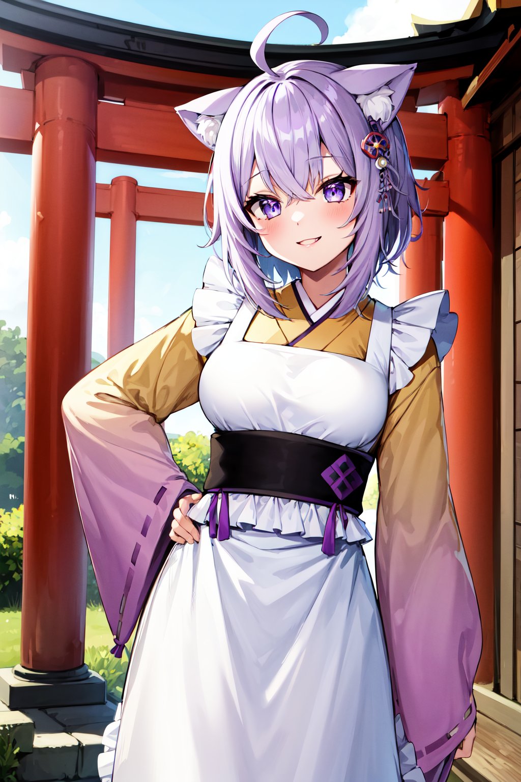 masterpiece, best quality, highres, aaokayu, short hair, ahoge, animal ears, hair ornament, cat tail, ribbon trim, japanese clothes, white kimono, white apron, frilled apron, sash, obi, purple skirt, <lora:nekomata_okayu_v1:0.8>, shrine, torii, standing, smile, hand on hip, 