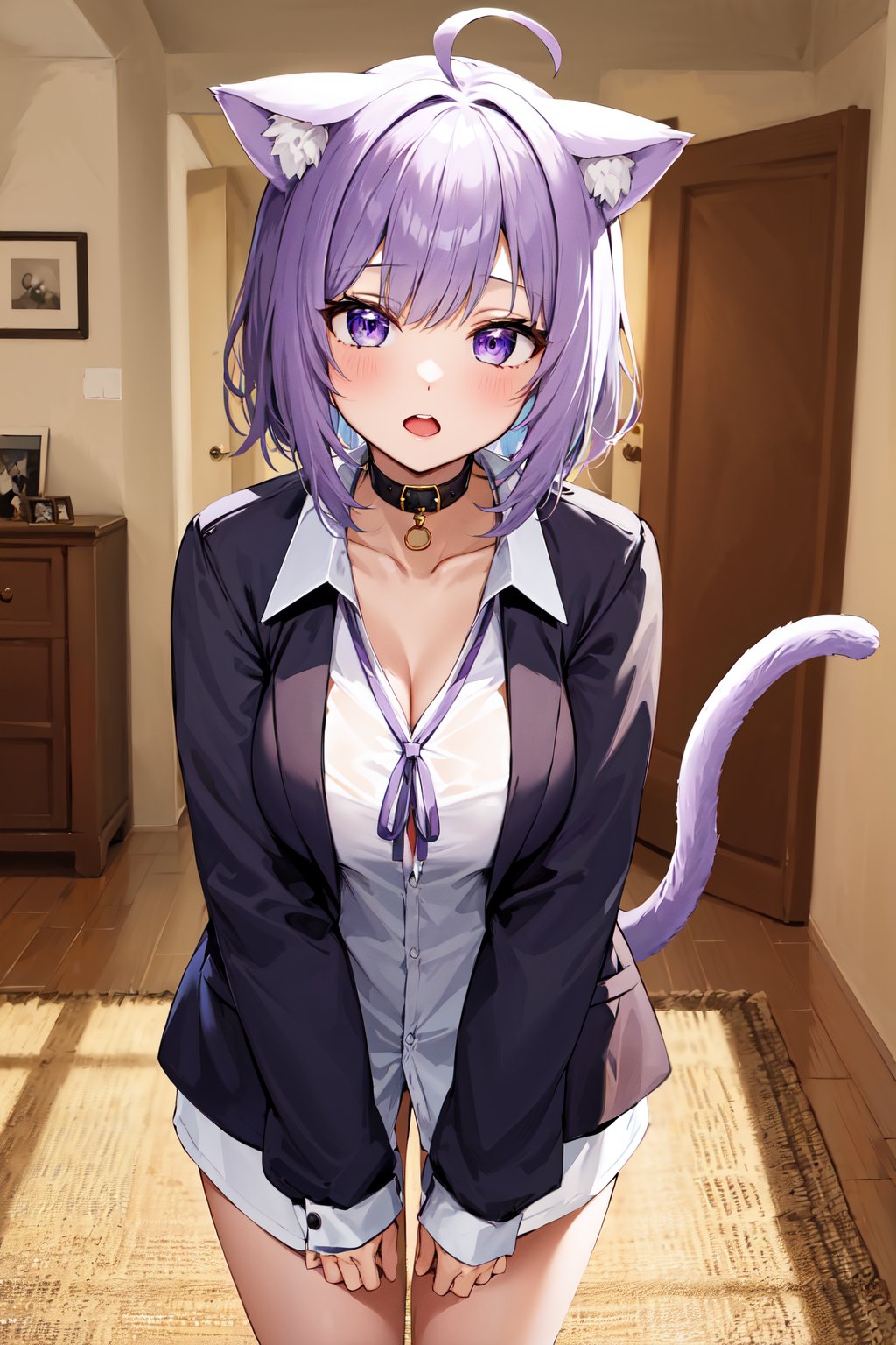 masterpiece, best quality, highres, aaokayu, short hair, ahoge, animal ears, cat tail, black collar, neck ribbon, purple ribbon, collarbone, cleavage, dress shirt, collared shirt, button gap, black jacket, open clothes, <lora:nekomata_okayu_v1:0.8>, cowboy shot, indoors, standing,