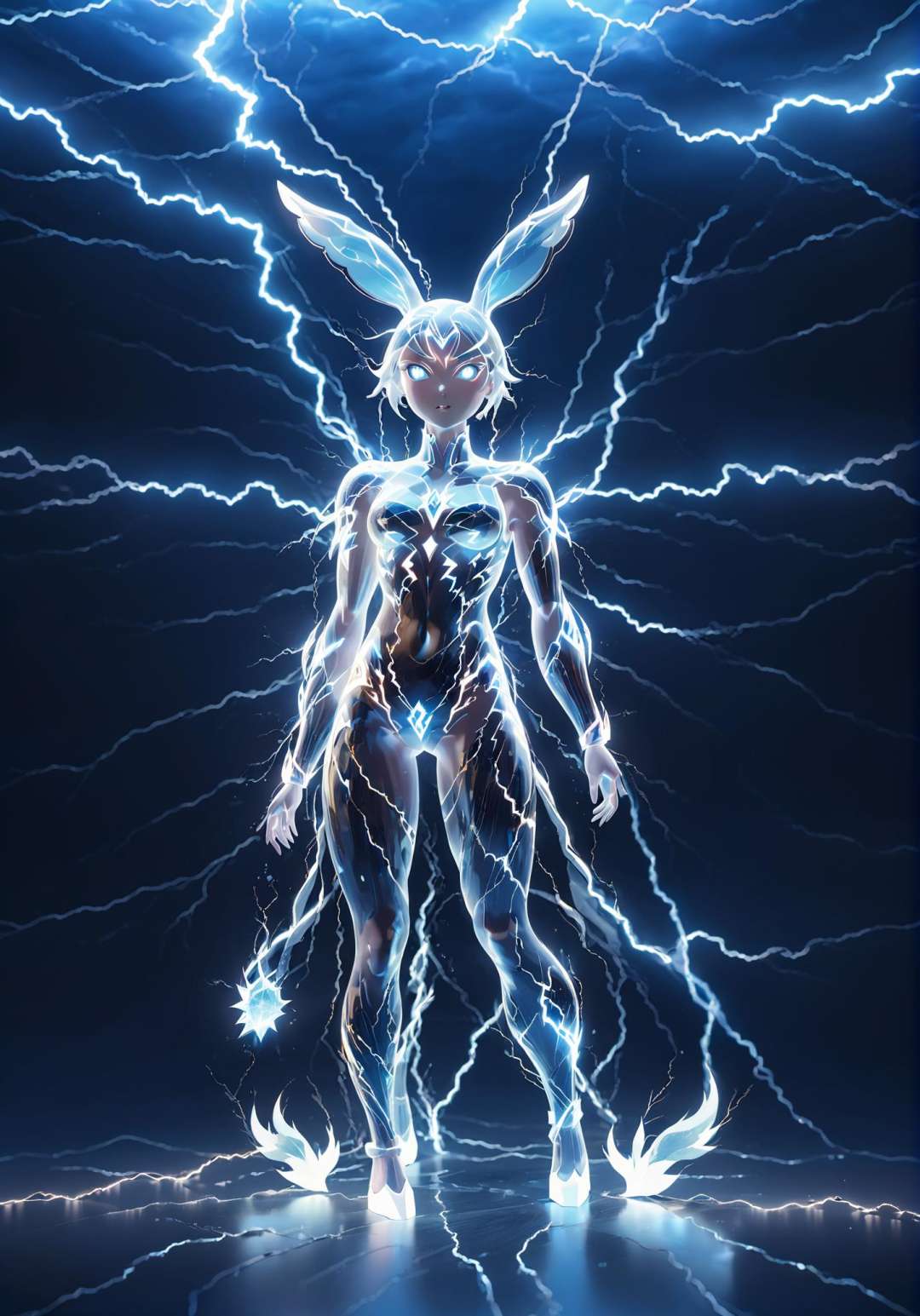 (Masterpiece, high quality, best quality, official art, beauty and aesthetics:1.2),thunder,transparency,composed of elements of thunder,transparent luminous body,bunny,no humans,solo,full_shot,full body,standing,