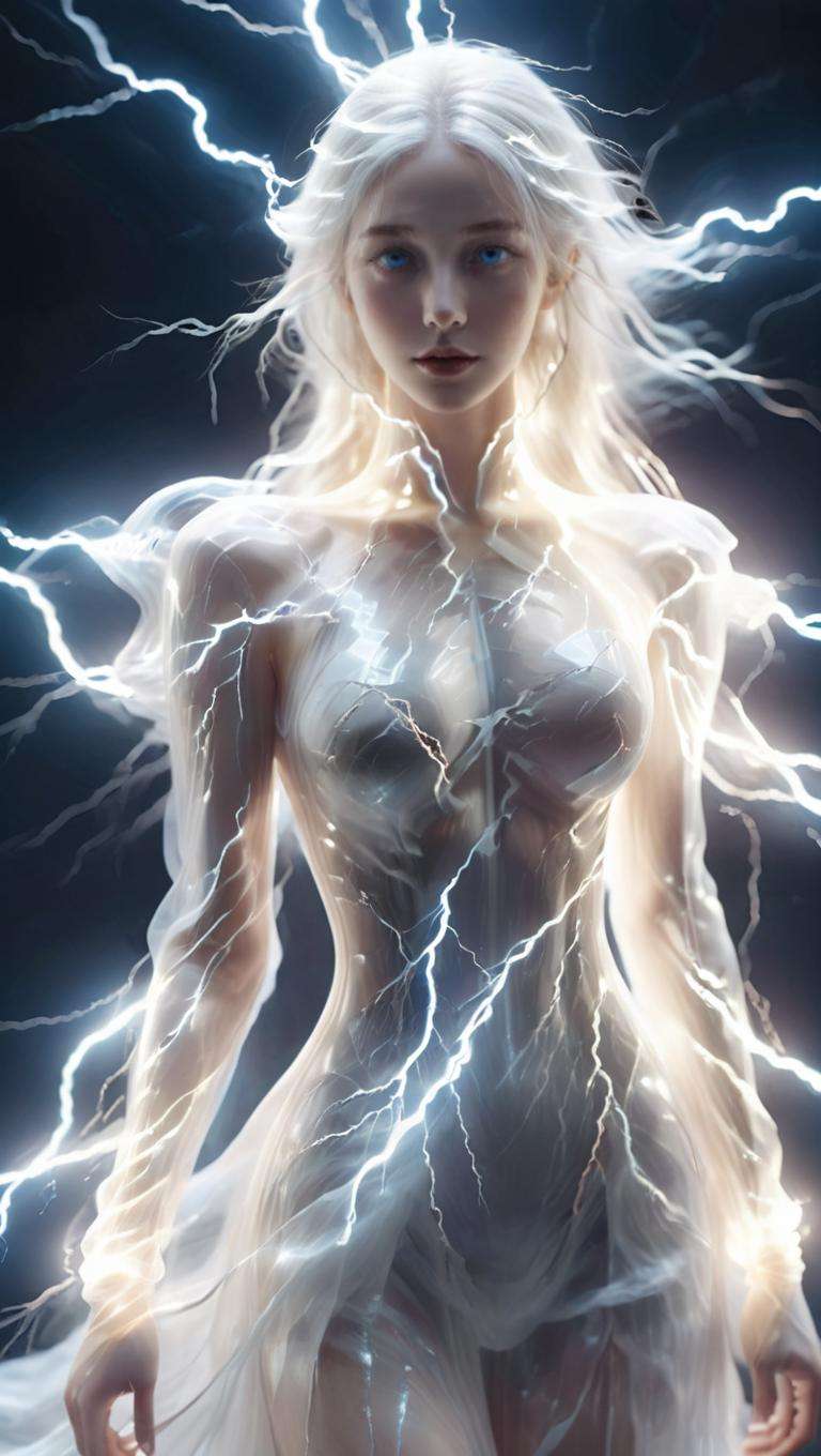 composed of elements of thunder,thunder,electricity,Create a spectral woman with a (translucent appearance:1.3),Her form is barely tangible,with a soft glow emanating from her gentle contours,The surroundings subtly distort through her ethereal presence,casting a dreamlike ambiance,(white hair:0.1),<lora:xl_shanbailing_0927lightning-000010:0.8>,<lora:xl-shanbailing-1020Fold-000010:0.7>,concept clothing,garment draping,((BLUE eyes)),((glowing)),