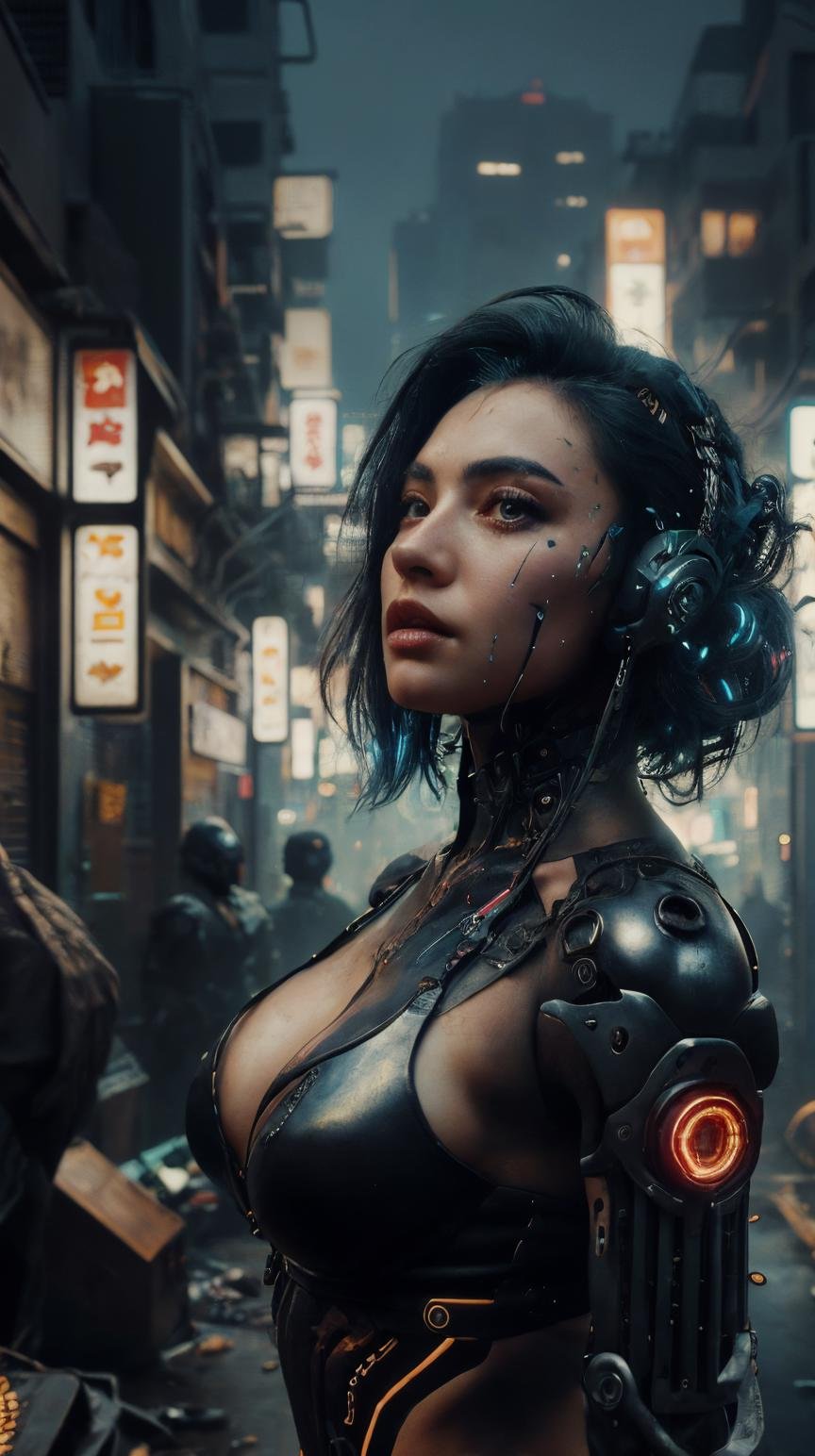 <lora:C7b3rp0nkStyle:1>RAW Photo of C7b3rp0nkStyle woman, cyberpunk style, photorealistic, (Masterpiece:1.3) (best quality:1.2) (high quality:1.1)