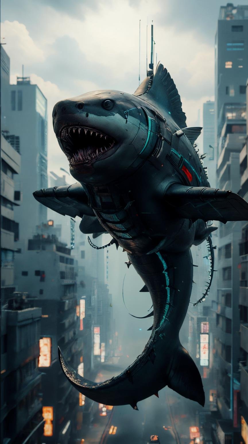 <lora:C7b3rp0nkStyle:1>RAW Photo of C7b3rp0nkStyle shark, cyberpunk style, photorealistic, (Masterpiece:1.3) (best quality:1.2) (high quality:1.1)