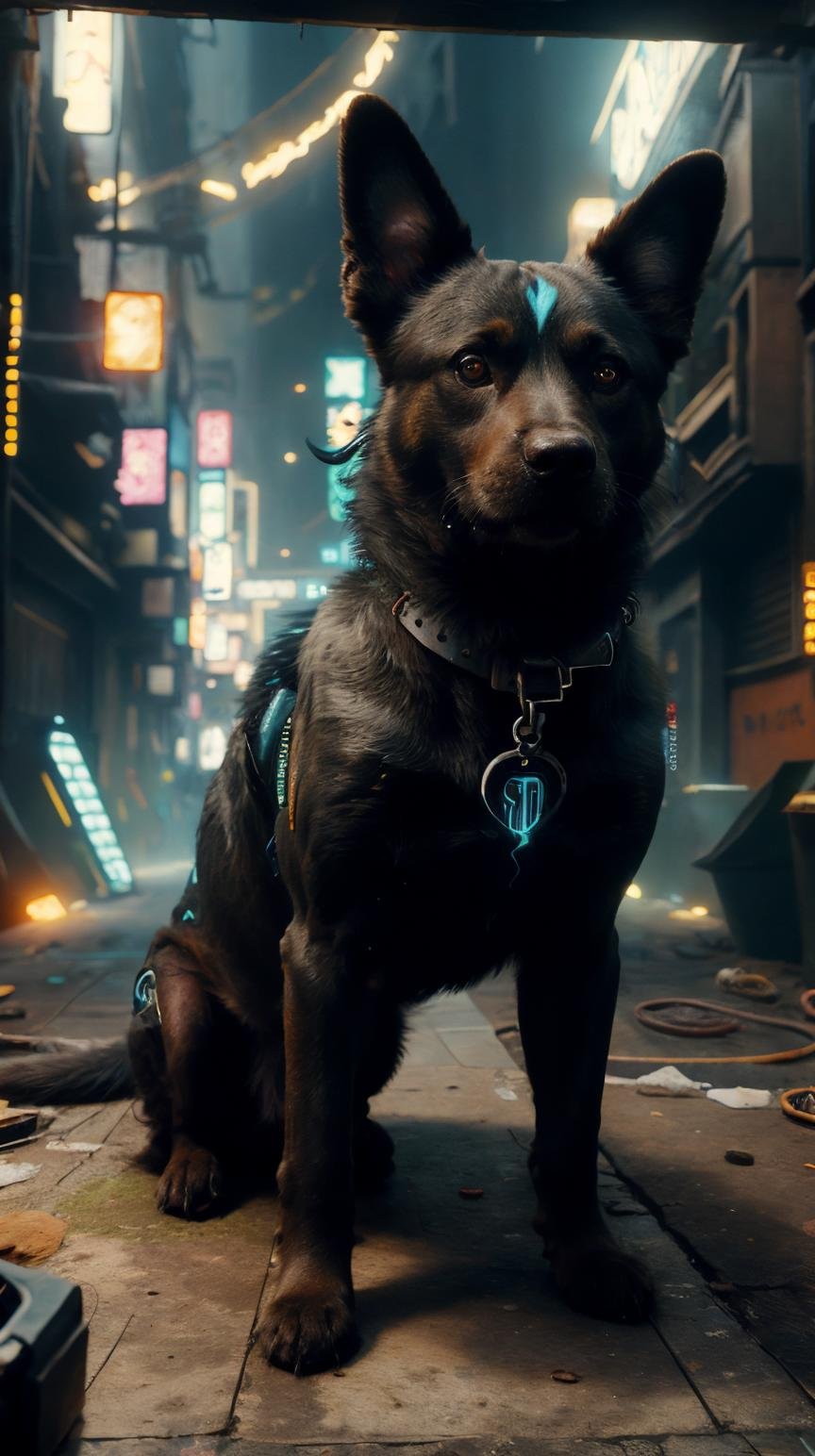 <lora:C7b3rp0nkStyle:1>RAW Photo of CyberpunkWorld dog body, cyberpunk style, photorealistic, (Masterpiece:1.3) (best quality:1.2) (high quality:1.1)