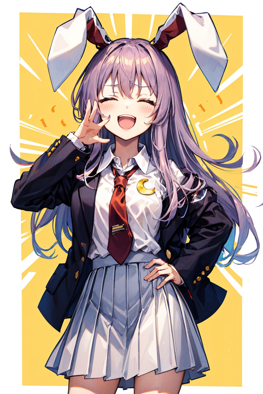 ojou-sama pose, 1girl, long hair, solo, reisen udongein inaba, animal ears, rabbit ears, jacket, skirt, open mouth, closed eyes, long sleeves, necktie, smile, bangs, crescent, shirt, purple hair, white shirt, arm up, laughing, hand on hip, blush, white skirt, collared shirt, red necktie, yellow background, +++, gradient, breasts, buttons, crescent pin, gradient background, blazer, black jacket, light purple hair, standing, medium breasts, polka dot background, very long hair, pleated skirt, simple background