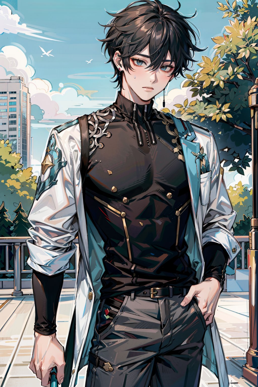 masterpiece, best quality, highres, 1man, upper body, Dan Heng, Honkai Star Rail, pov, standing in a park, alternate outfit, black shirt, tight clothes, grey jacket, balch short pants, cap, sweat, sun, summer