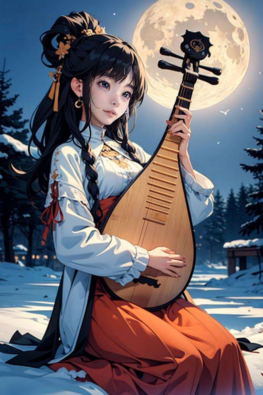 1girl, (playing_pipa, holding pipa), moon, black hair,  snow,  masterpiece, best quality, 8k,  close up,  <lora:pipa_v1a:0.73>, sitting