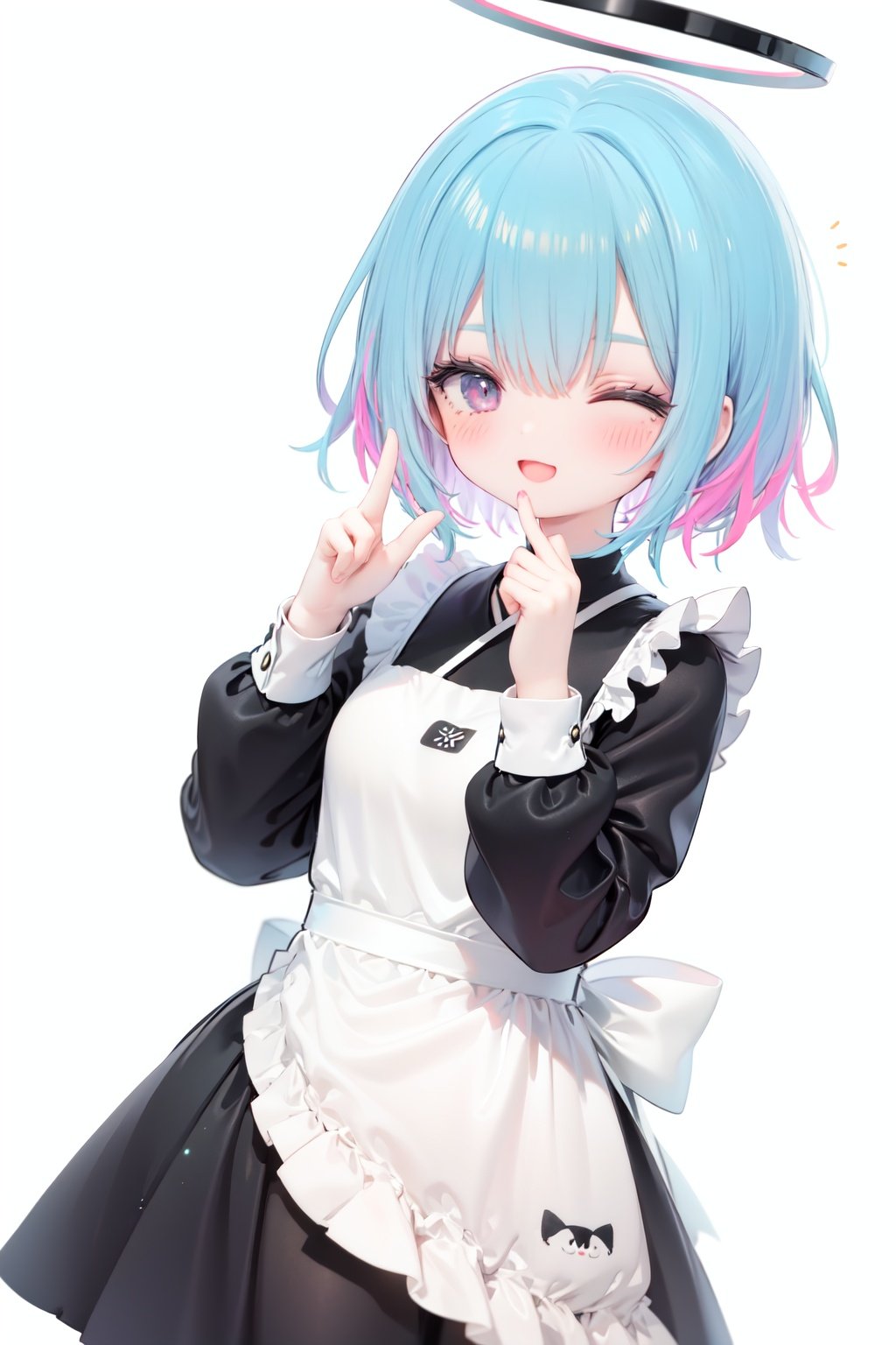  1girl, solo, apron, halo, hair over one eye, closed eyes, smile, white background, dress, white apron, simple background, long sleeves, multicolored hair, braid, open mouth, blue hair, alternate costume, blush, bangs, :d, pink hair, black dress, ribbon, frilled dress, enmaided, short hair, hand up, colored inner hair