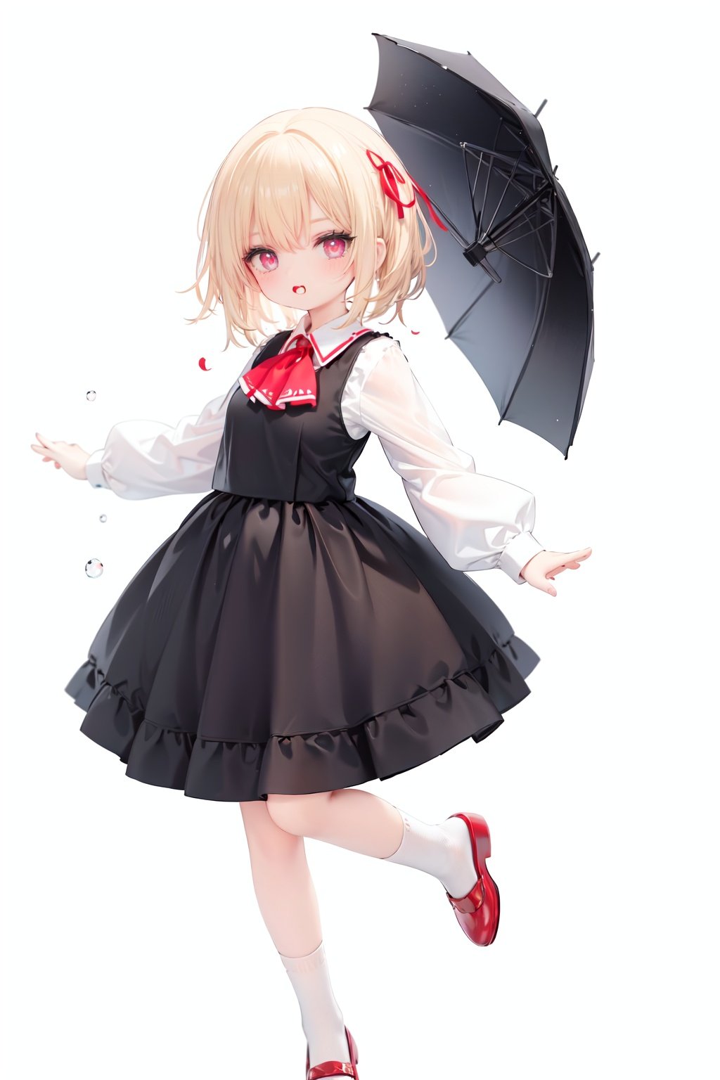  1girl, rumia, blonde hair, solo, white background, red eyes, red footwear, simple background, ascot, short hair, ribbon, open mouth, hair ribbon, smile, long sleeves, shirt, looking at viewer, red ascot, white socks, white shirt, red ribbon, shoes, socks, frills, bangs, outstretched arms, hair between eyes, skirt, :d, dress, vest, mary janes, black dress, black skirt, collared shirt, black vest, blush