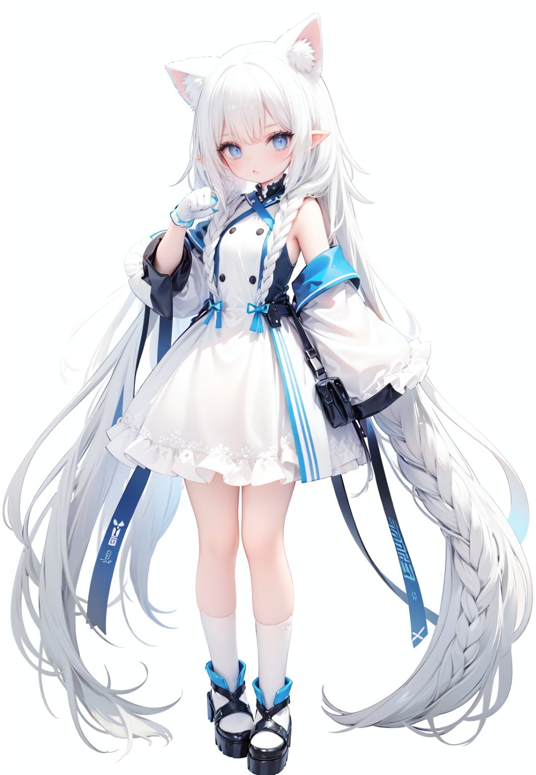  1girl, white_gloves, braid, full_body, gloves, long_hair, official_alternate_costume, pointy_ears, simple_background, solo, standing, very_long_hair, white_background, white hair, blue eyes, paw claw pose, open_mouth