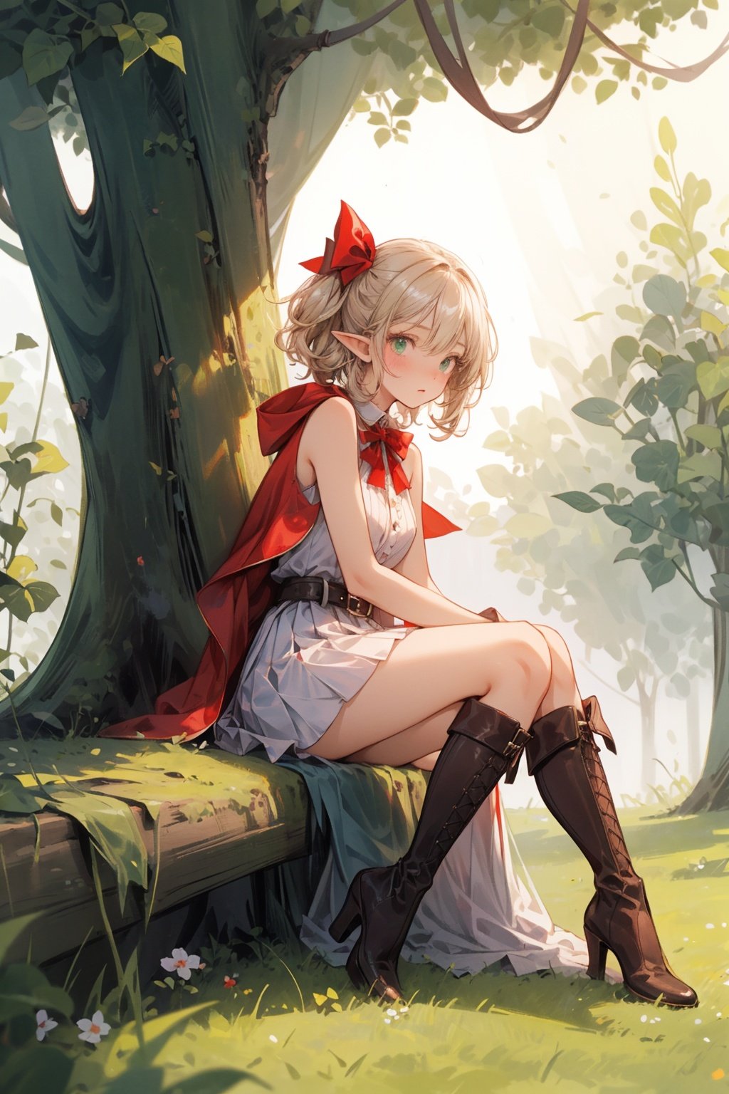 best quality，(masterpiece:1.3),full body,ultra-detailed,solo,1girl, from below, from side,elf’s forest,sitting on grass against a giant tree, giant tree,long hair, bangs, ribbon, pointy ears, hair ribbon, elf, blush, blonde hair, red ribbon, hair between eyes, green eyes, skirt, sleeveless, dress, bare shoulders, shirt, belt, sleeveless shirt, thigh boots, white skirt, frills, brown footwear, pleated skirt, miniskirt, sidelocks, blue shirt, sleeveless dress, white dress, short dress, red cape, brown belt, buckle, red bow, knee boots, high heels, armle