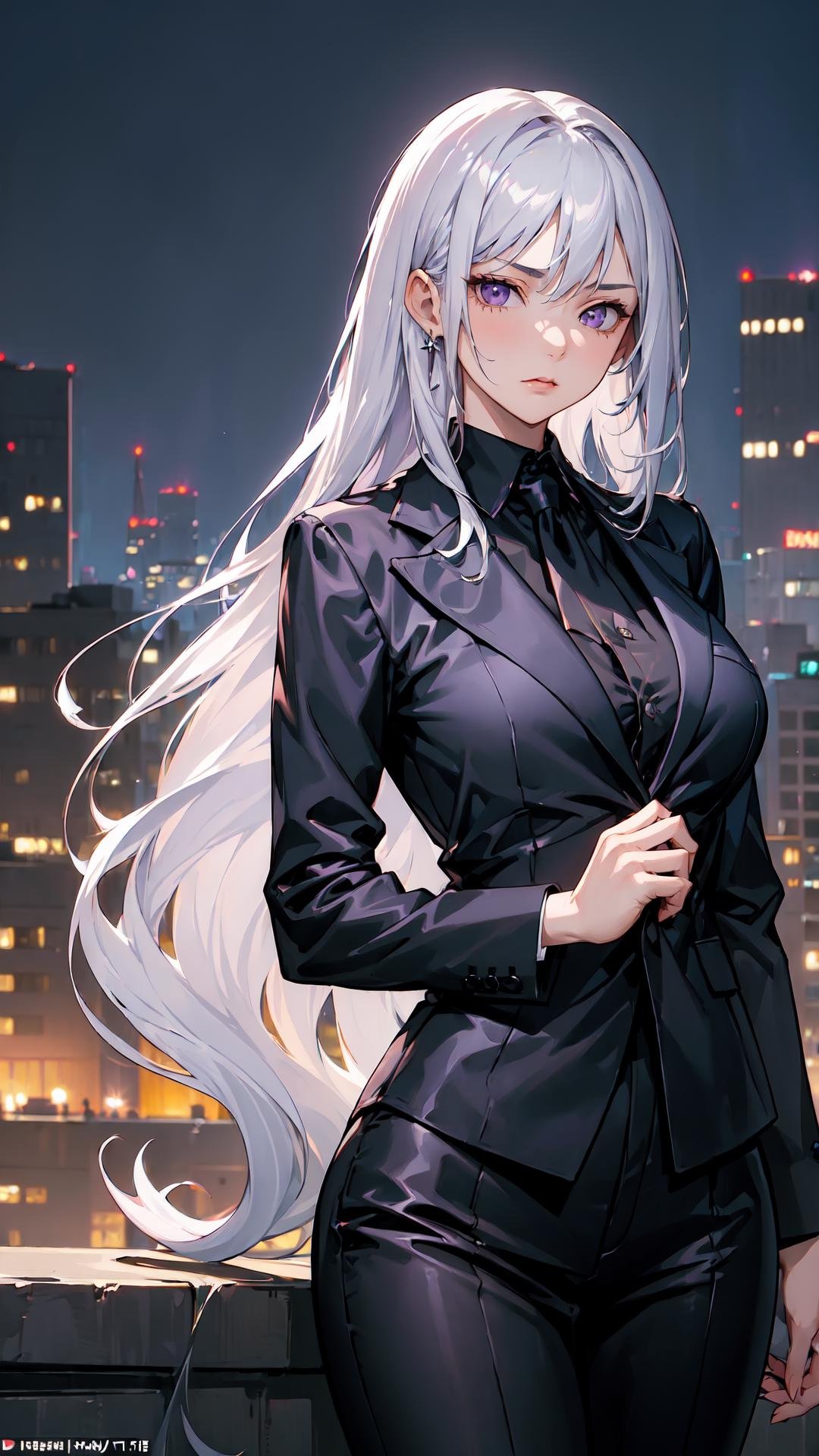 ((masterpiece:1.4, best quality:1.2)), 1girl with a very long hair, silver hair, purple eyes, black hair details, office lady, suit, cowboy shot, cityscape, dawn, stern face,