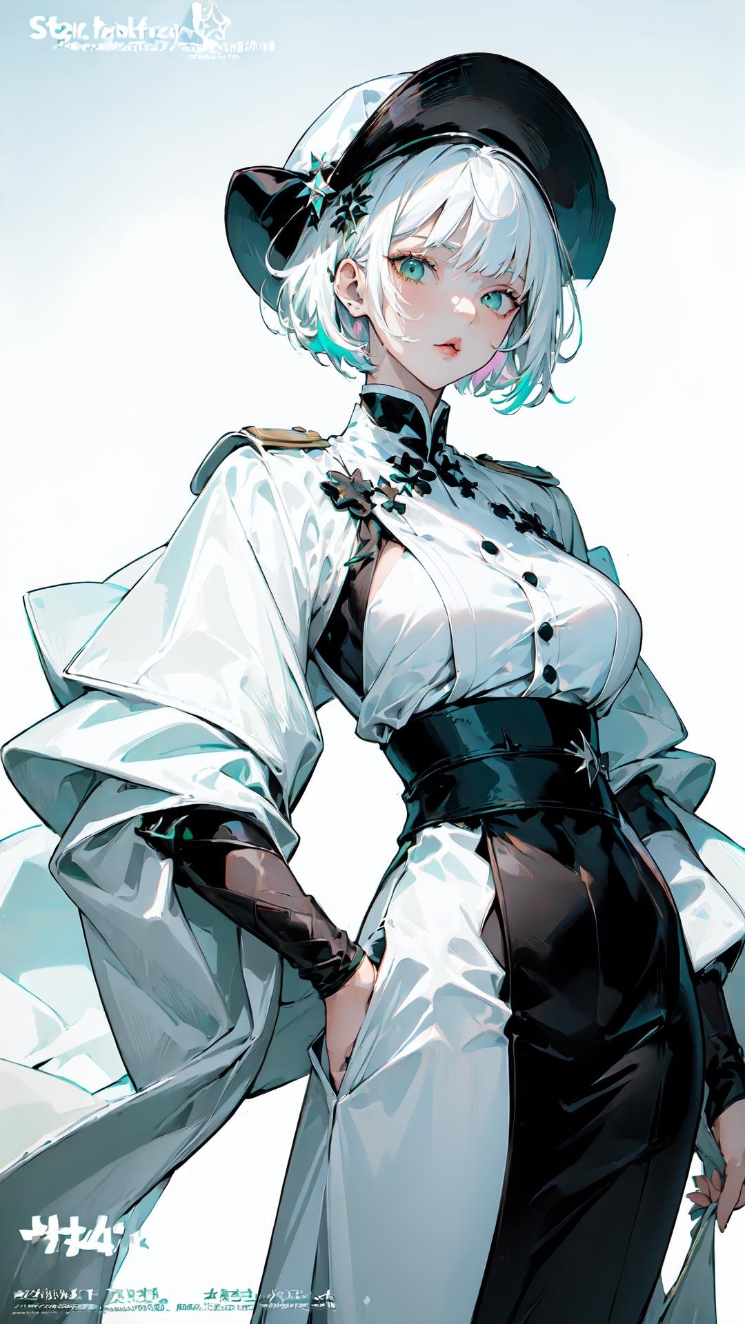 ((masterpiece:1.4, best quality:1.2)), tomboy, 1girl, solo focus, tall female, short hair, white hair,  multicolored hair, green eyes, jewel like eyes, medium breasts, black coat, white shirt, accessories, magazine cover, lively, <lora:LoRA-FashionMagCover:1>,