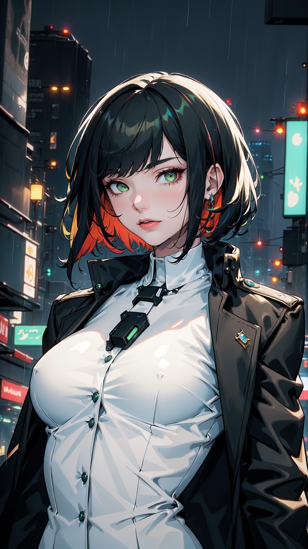 ((masterpiece)), 1girl, solo focus, tall female, short hair, multicolored hair, green eyes, jewel like eyes, medium breasts, black coat, white shirt, accessories, city background, futuristic city, night, rain, moody