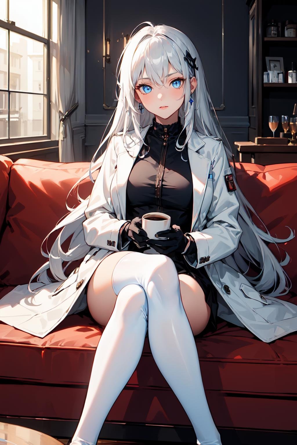 ((masterpiece:1.4, best quality:1.2)), 1girl with a very long hair, silver hair, tall female, blue eyes, jewel-like eyes, glowing eyes, wearing white coat, white legwear, black gloves, sitting on sofa, cafe shop, drinking coffee, chill ambience, comfy,