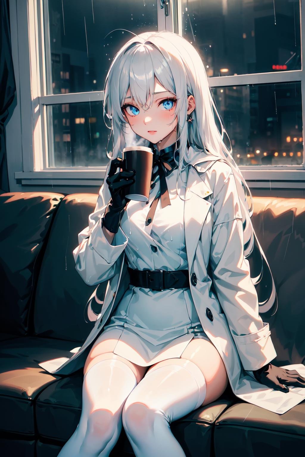 ((masterpiece:1.4, best quality:1.2)), 1girl with a very long hair, silver hair, tall female, blue eyes, jewel-like eyes, glowing eyes, wearing white coat, white legwear, black gloves, sitting on sofa, cafe shop, drinking coffee, chill ambience, comfy, ((rain on window)), ((nighttime)),