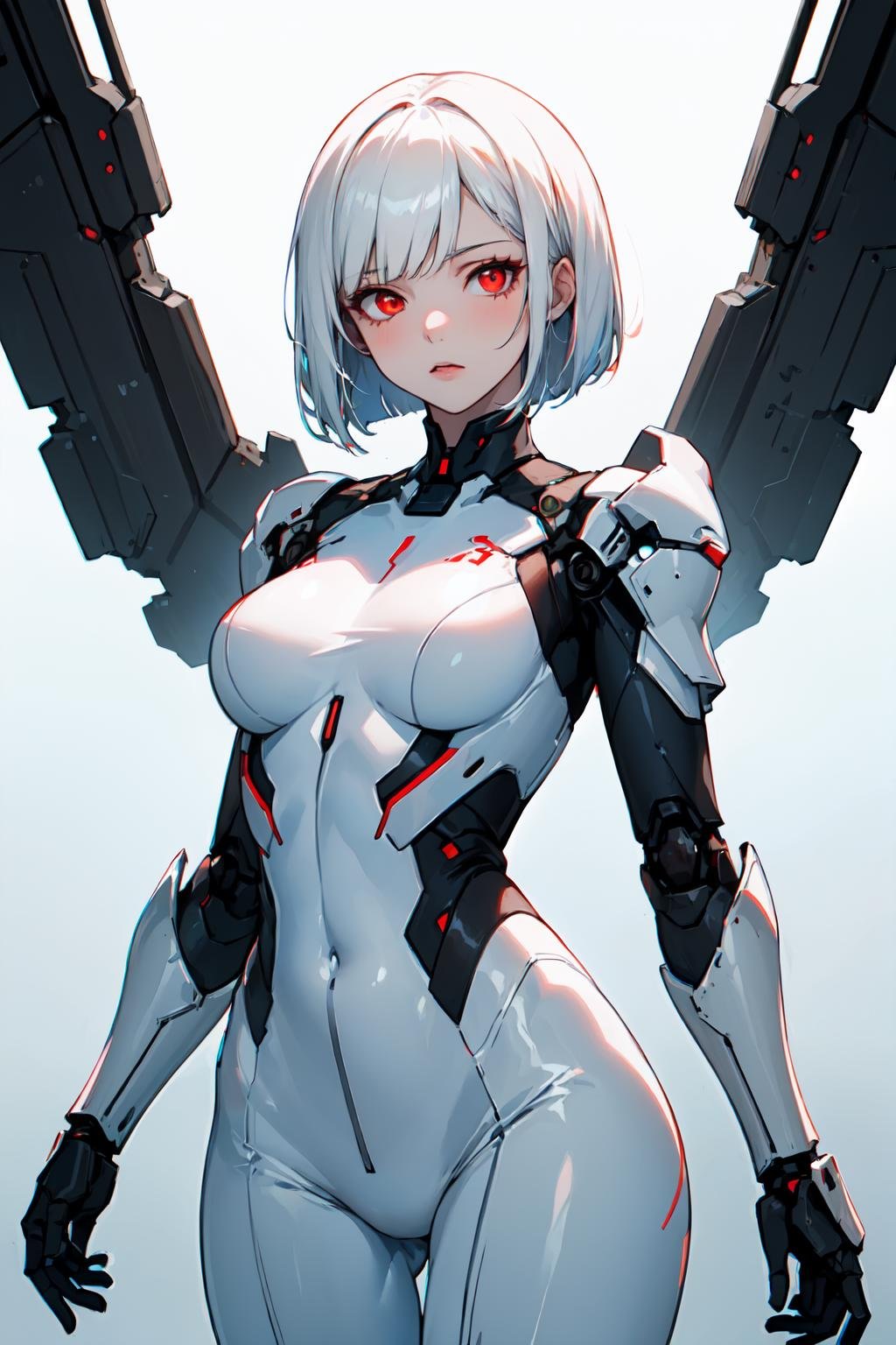 ((masterpiece:1.4, best quality:1.2)), 1girl with a short bob cut hair, white hair, red eyes, glowing eyes, wearing a white bodysuit armor, pale skin, mechanical parts, science fiction, cowboy shot, gradient background,