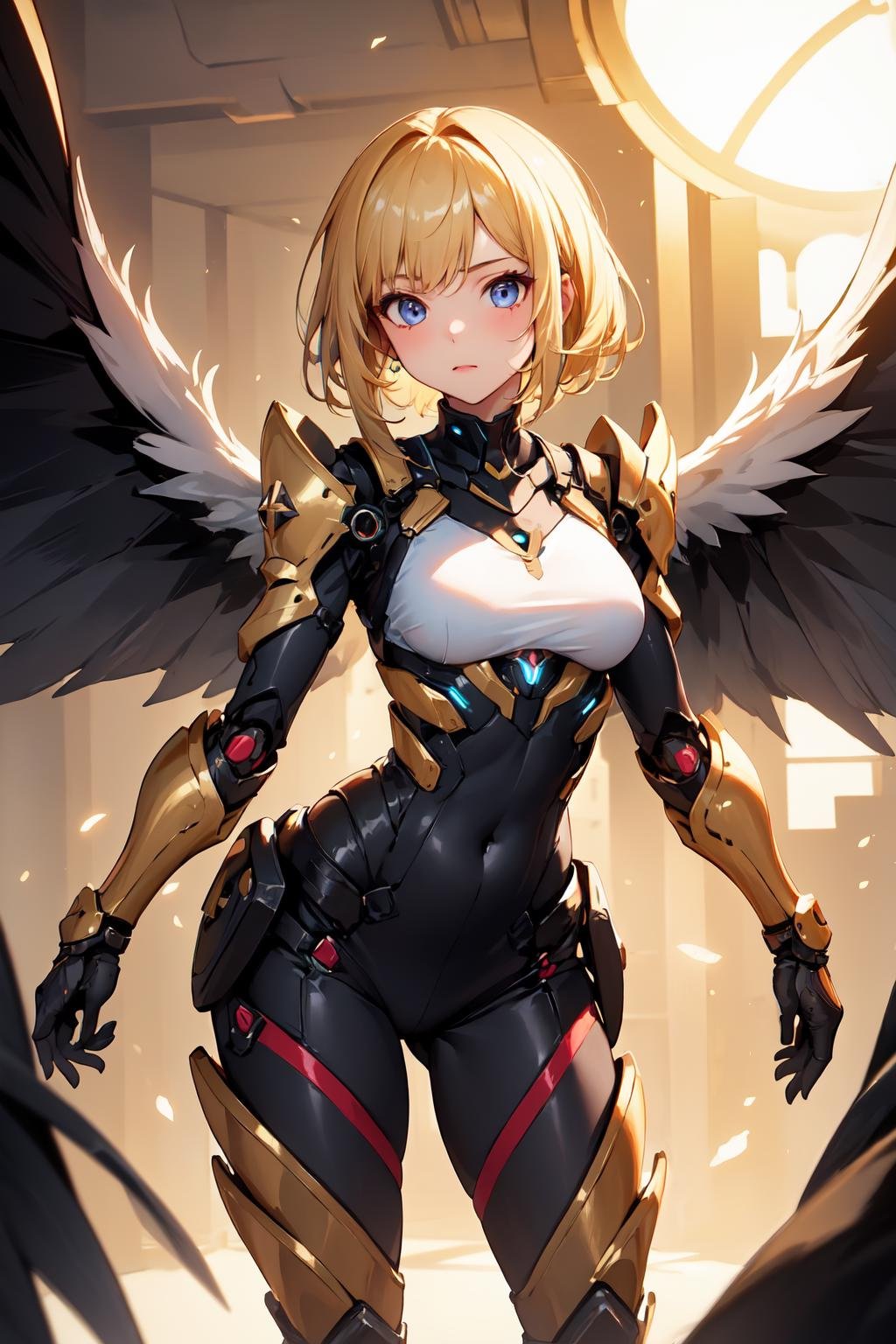 ((masterpiece:1.4, best quality:1.2)), 1girl, medium breasts, petite girl, golden exoskeleton, big mechanical wings, glowing,