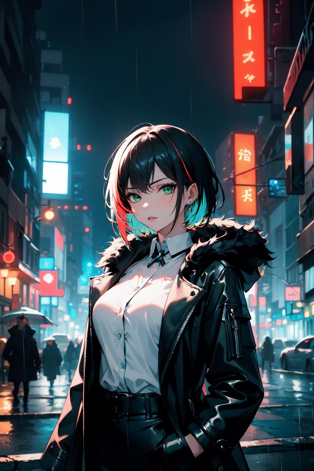 ((masterpiece)), 1girl, solo focus, tall female, short hair, multicolored hair, green eyes, jewel like eyes, medium breasts, black coat, white shirt, accessories, city background, futuristic city, night, rain, moody