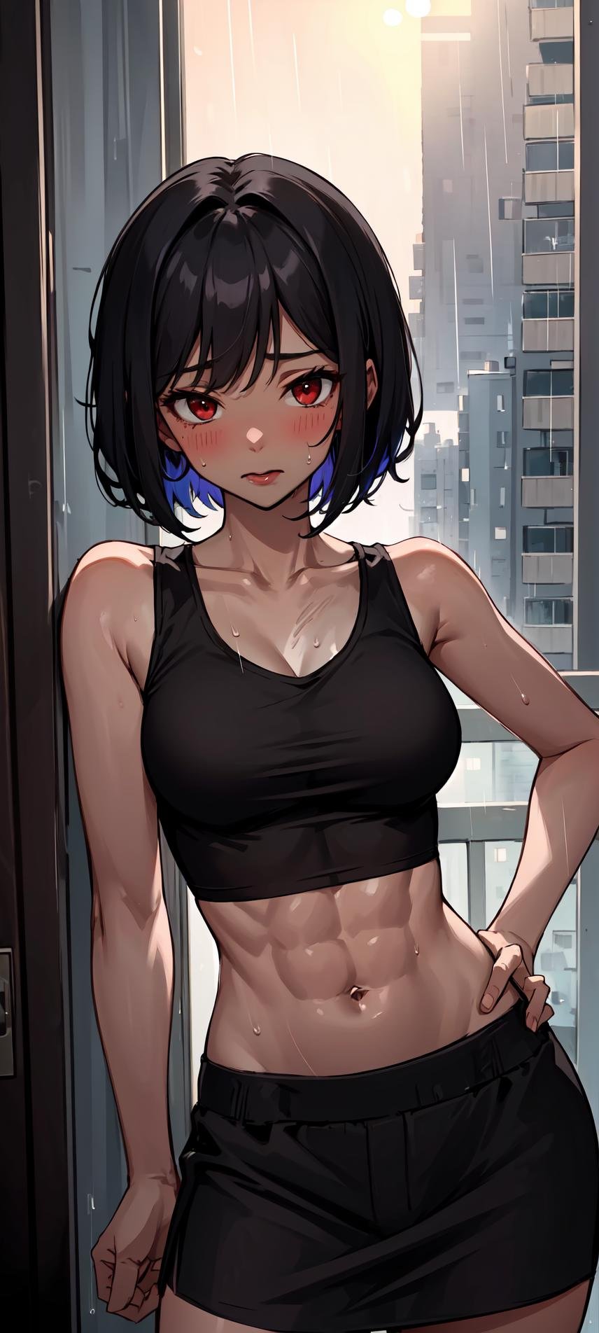 ((masterpiece:1.2, best quality:1.4)), ((dark skin:1.5, tomboy)), 1girl with short bob cut hair, red eyes, black hair, gradient hair, toned, abs, black tank top, black skirt, wide hips, medium breasts, cute, blush, drunk, one hand on hips, ((apartment room background)), ((rain on window)), sweaty, ((nighttime:1.5)), lonely, seducing,