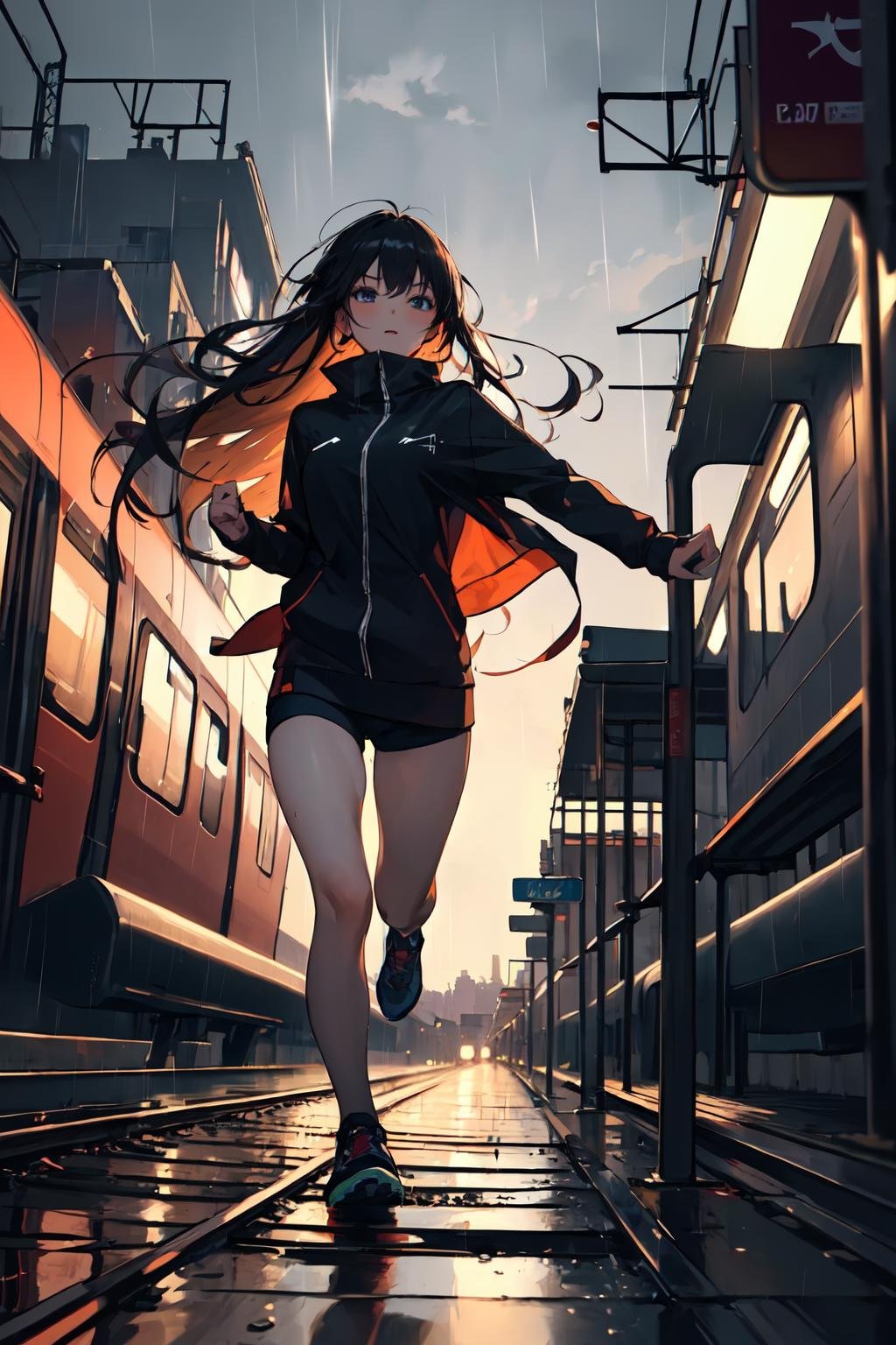 ((masterpiece:1.4, best quality:1.2)), 1girl with a very long hair running through train tracks, nighttime, rain, cityscape, scenery,