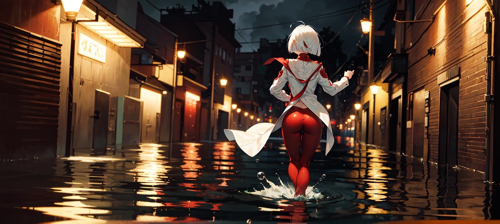 (masterpiece, best quality),1girl with short bob cut hair, white hair, red eyes, pompous red suit, bubble butt, running, alleway, back alley, flooded city, rain, raindrops, (depth of field, ambient lighting), atmospheric, light flares, intricate details, enhanced lighting,