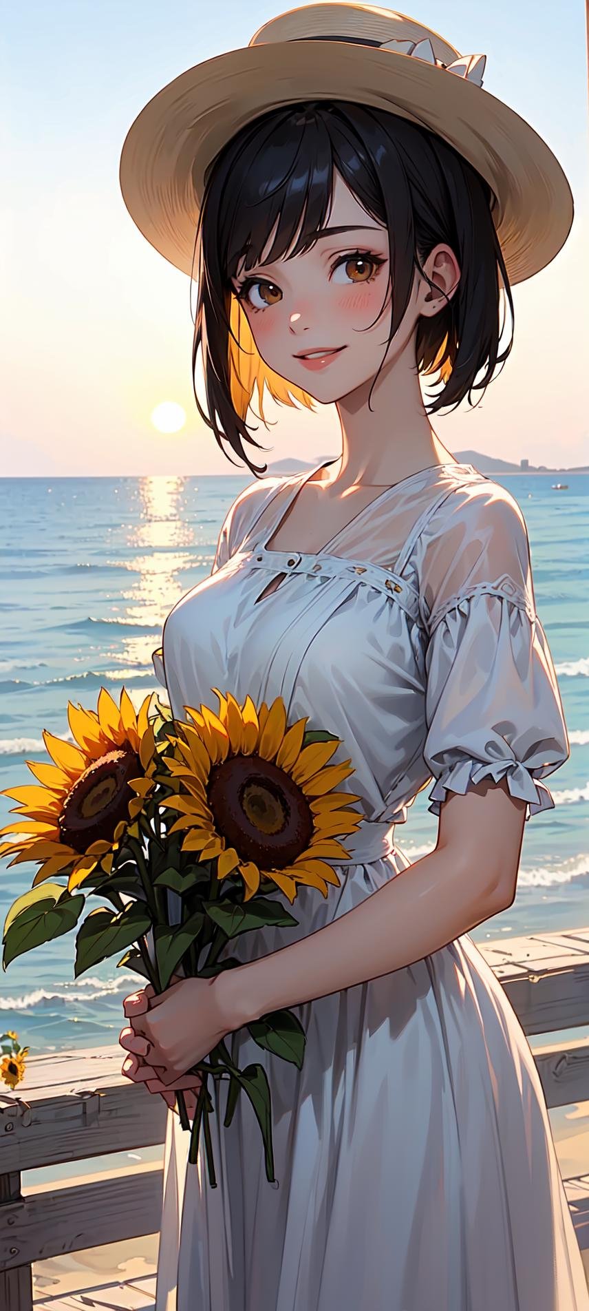 ((masterpiece:1.4, best quality:1.2)), 1girl with short bob cut hair, side ponytail, black hair, brown eyes, smile, white dress, sun hat, holding melon, spring \(season\), hot day, seaside view, beautiful view, incredible vista, dawn, sunlight shining, beautiful sunflowers camp,