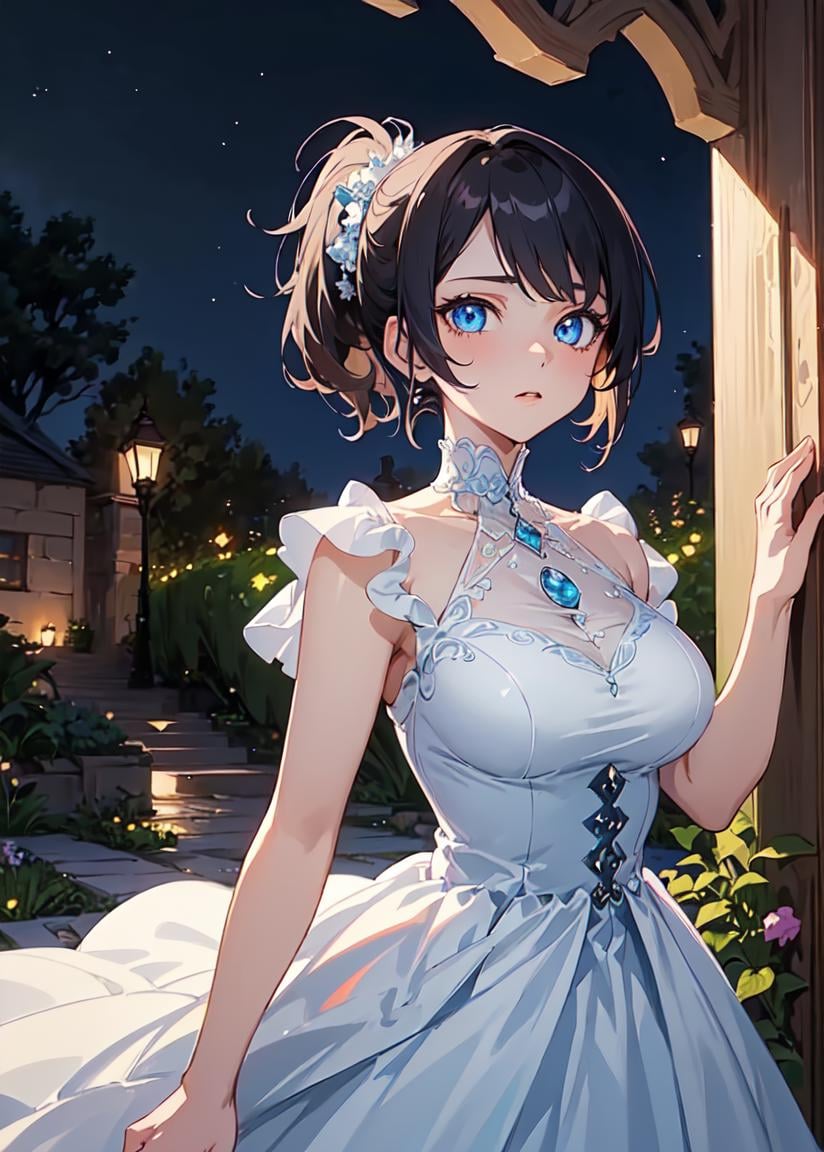 ((masterpiece:1.4, best quality:1.2)), 1girl with a short hair, side ponytail, blue eyes, glowing eyes, jewel-like eyes, white dress, pompous dress, beauitufl, delicate face, extremely beautiful anime face and eyes, in a massive garden, nighttime, moonlight shining,