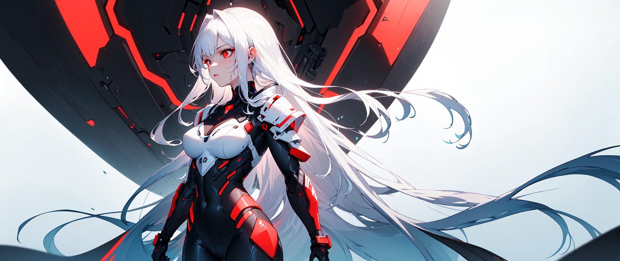 ((masterpiece:1.4, best quality:1.2)), 1girl, solo focus, tall female, delicate face, stern expression, extremely detailed anime face and eyes, beautiful white armor, hourglass figure, white hair, gradient hair, very long hair, red eyes, glowing eyes, cyberwear on face, futuristic setting, gradient background, profile, cowboy shot,