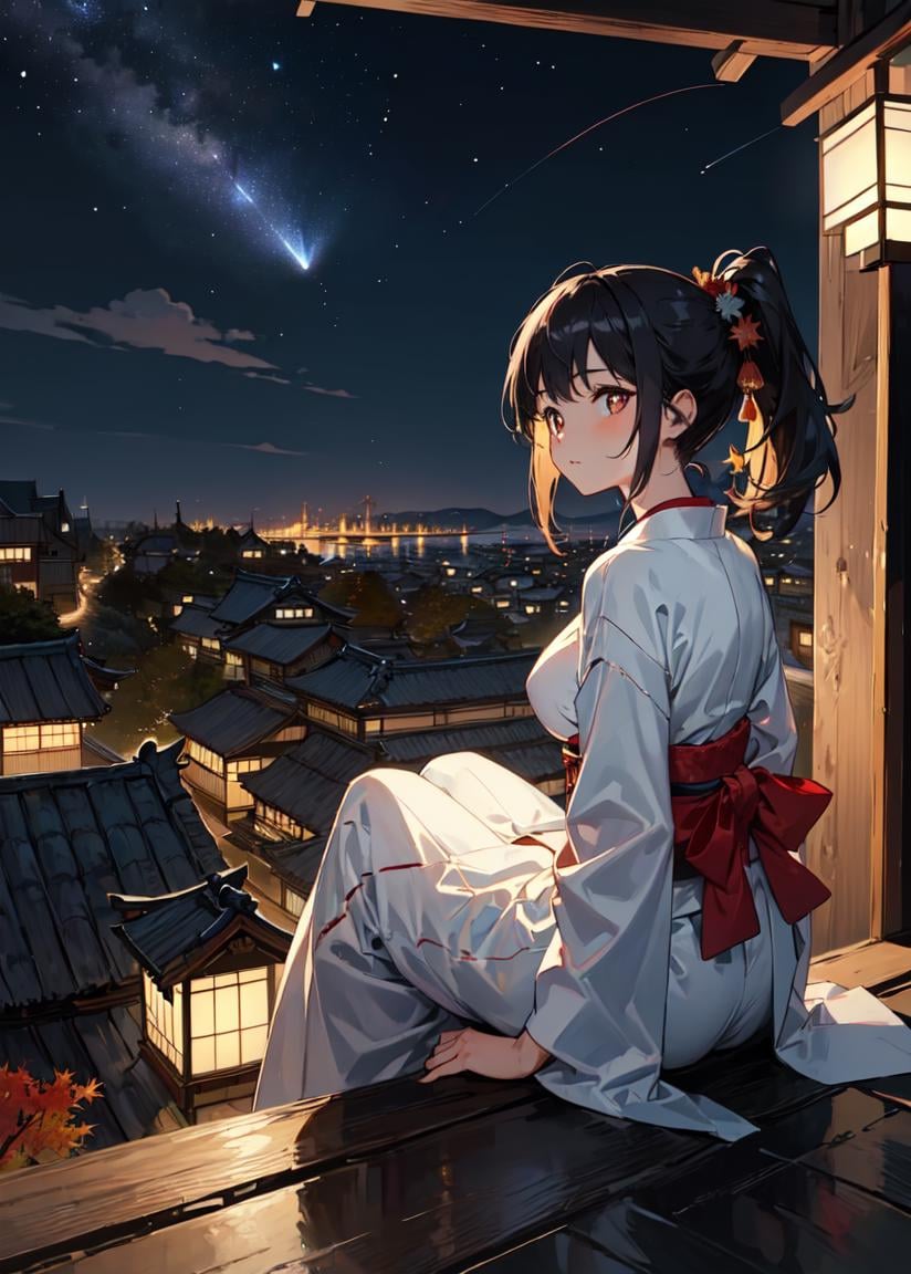 ((masterpiece:1.3, best quality:1.4)), delicate mature lady, wide hips, large breasts, 1girl with short black hair, very long hair, side double ponytail, traditional japanese dress, red pupils, ((sitting near building's ledge)), rooftop, city view, seaside city, incredible view, ((nighttime)), city lights, sparkling, ((small traditional japanese village)), autumn leaves in the air, autumn season, stars night sky, star comet, forest in the distance, {{front view}},