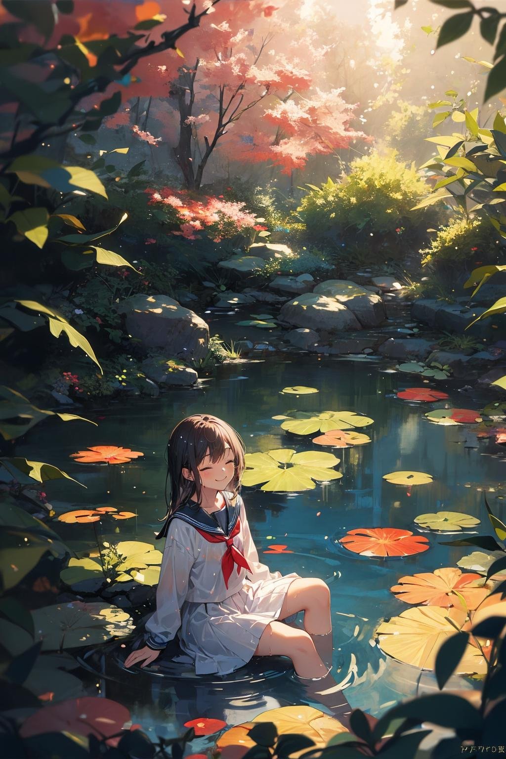 1girl, sitting, pond scenery, light beam, particles, (blurry background), dramatic lighting, wet, dappled sunlight, smile, eyes closed, from above, serafuku