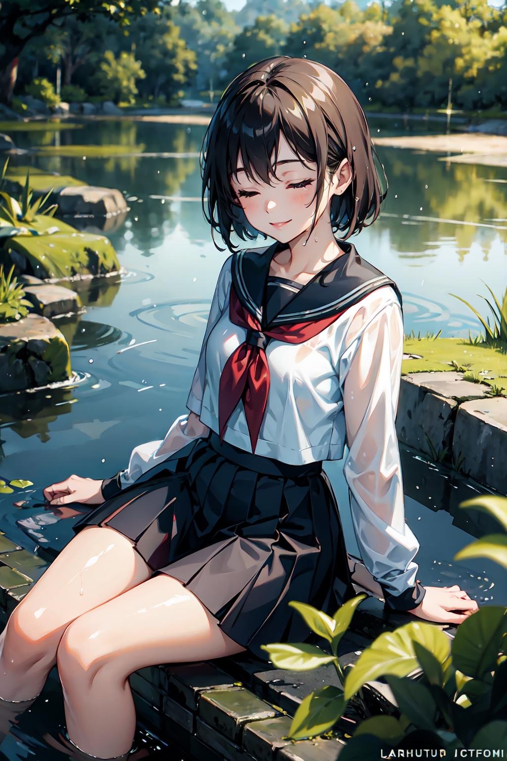 1girl, sitting, pond scenery, light beam, particles, (blurry background), dramatic lighting, wet, dappled sunlight, smile, eyes closed, from above, serafuku