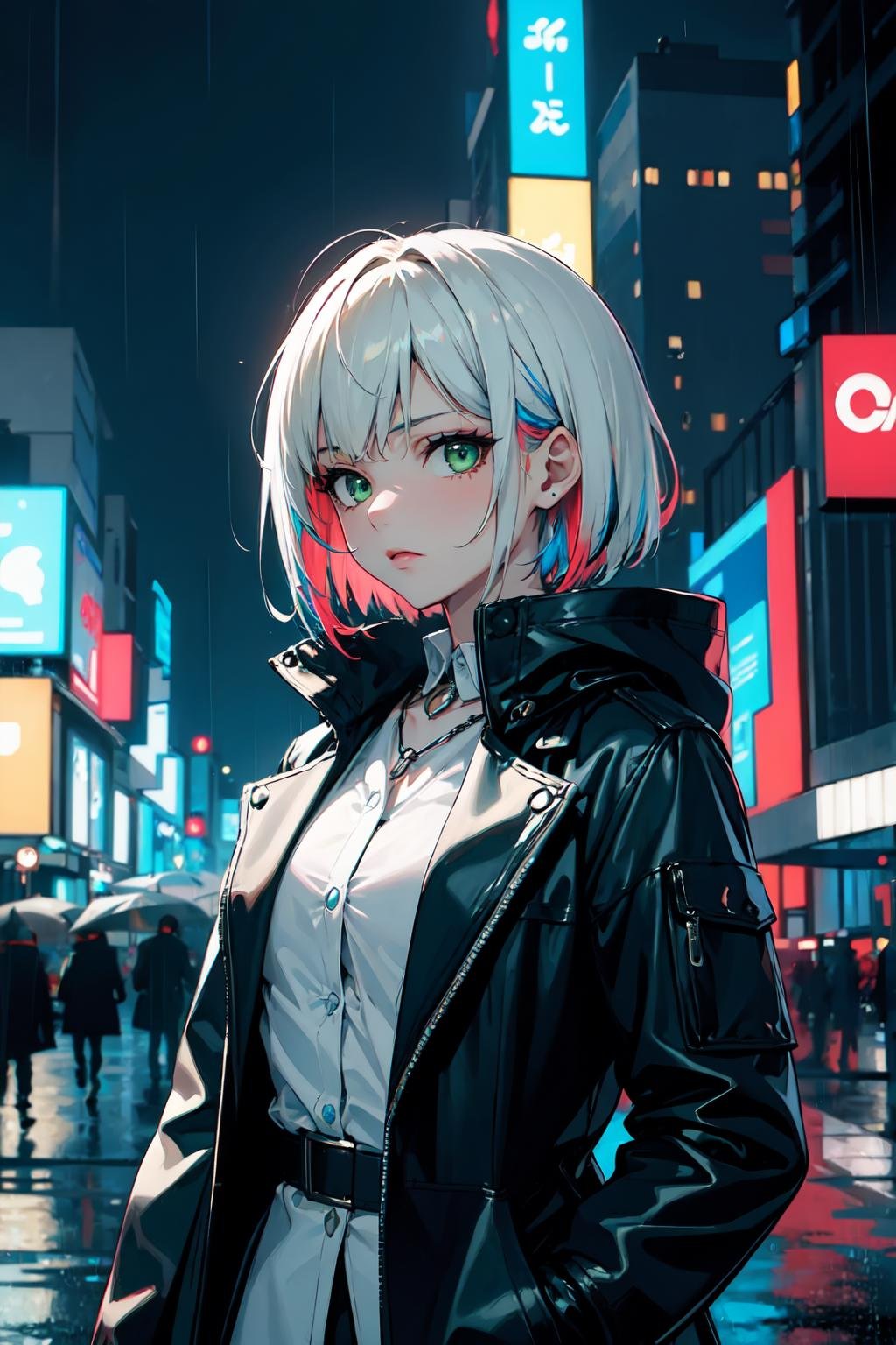 ((masterpiece)), 1girl, solo focus, tall female, short hair, multicolored hair, green eyes, jewel like eyes, medium breasts, black coat, white shirt, accessories, city background, futuristic city, night, rain, moody,