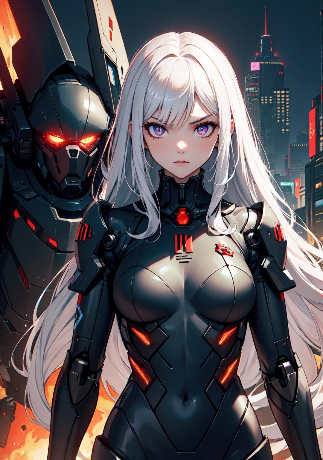 1girl with a very long white hair, deep crimson darkish eyes, symbol shaped eyes, jewel like eyes, one mechanical eye, glowing eyes, impact, sharp face, serious, mech girl, mechanical parts, Cyberware on face, mech suit, suit with lights, mechanical body, hourglass shaped body, toned, confident, cyberpunk scenery, smoke filled scenery,