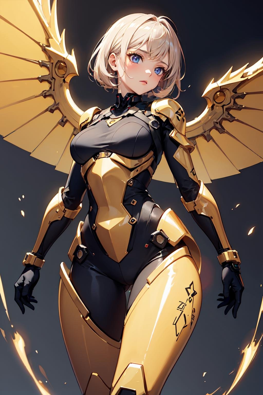 ((masterpiece:1.4, best quality:1.2)), 1girl, medium breasts, petite girl, golden exoskeleton, big mechanical wings, glowing,