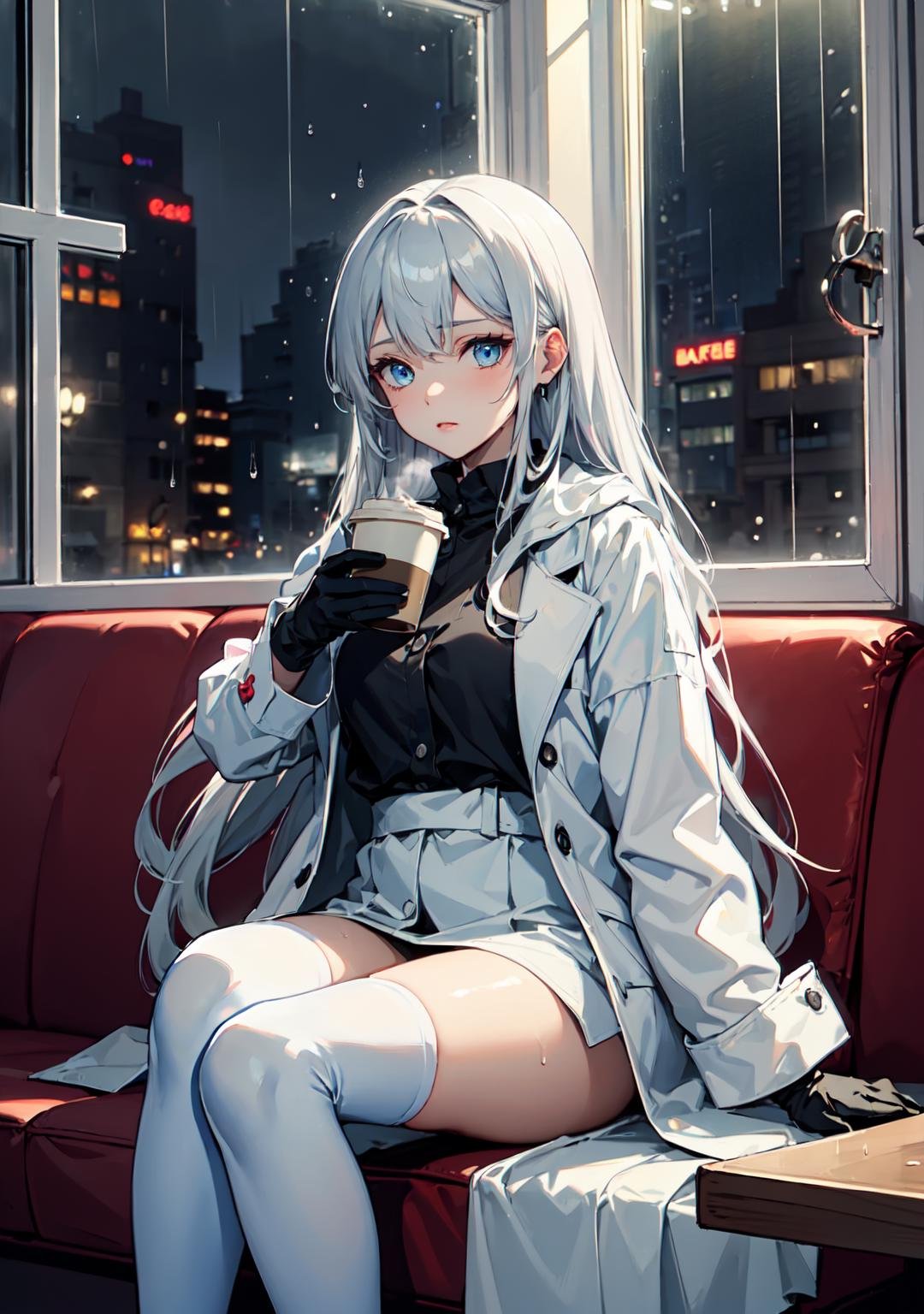 ((masterpiece:1.4, best quality:1.2)), 1girl with a very long hair, silver hair, tall female, blue eyes, jewel-like eyes, glowing eyes, wearing white coat, white legwear, black gloves, sitting on sofa, cafe shop, drinking coffee, chill ambience, comfy, ((rain on window)), ((nighttime)),