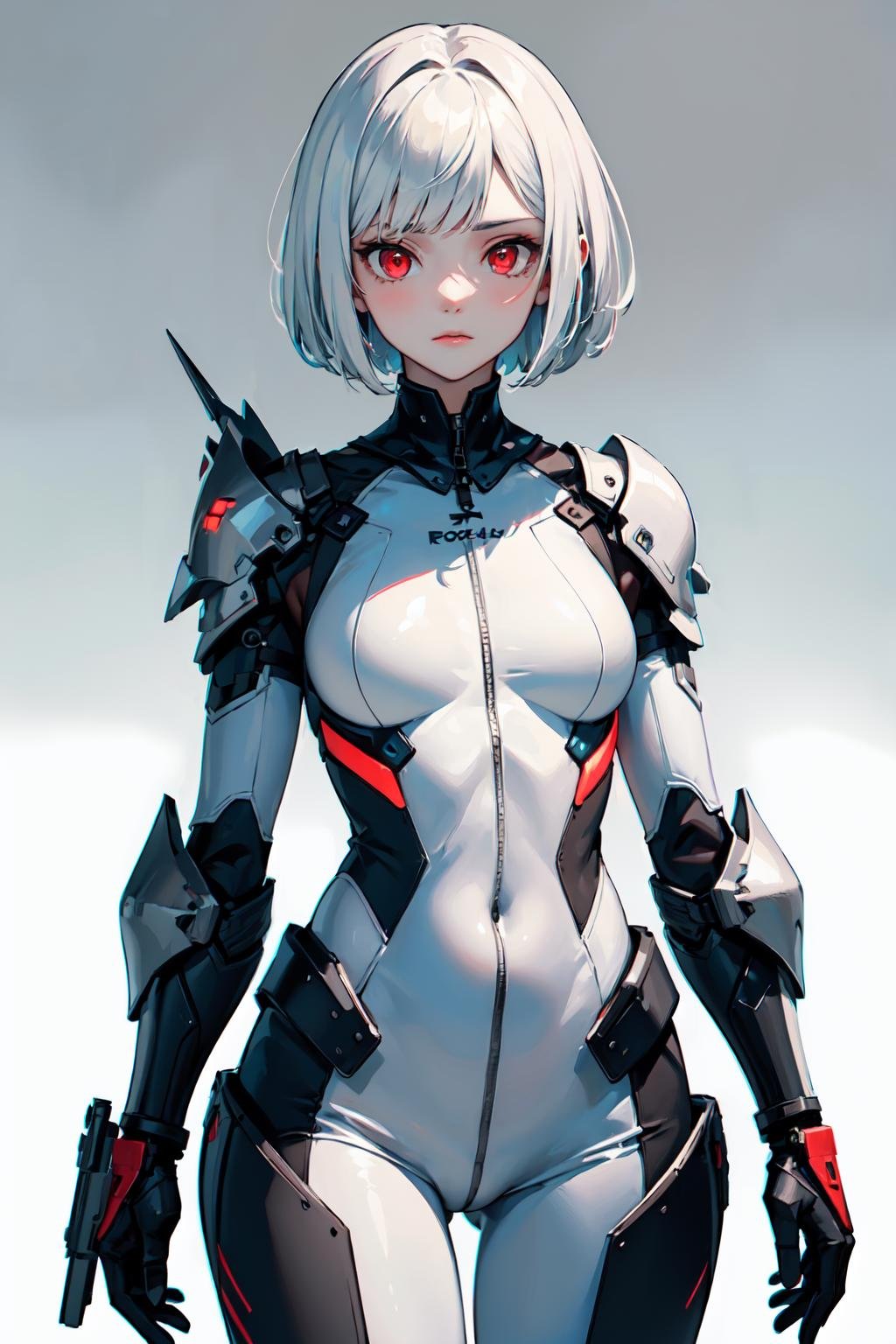 ((masterpiece:1.4, best quality:1.2)), 1girl with a short bob cut hair, white hair, red eyes, glowing eyes, wearing a white bodysuit armor, pale skin, mechanical parts, science fiction, cowboy shot, gradient background,