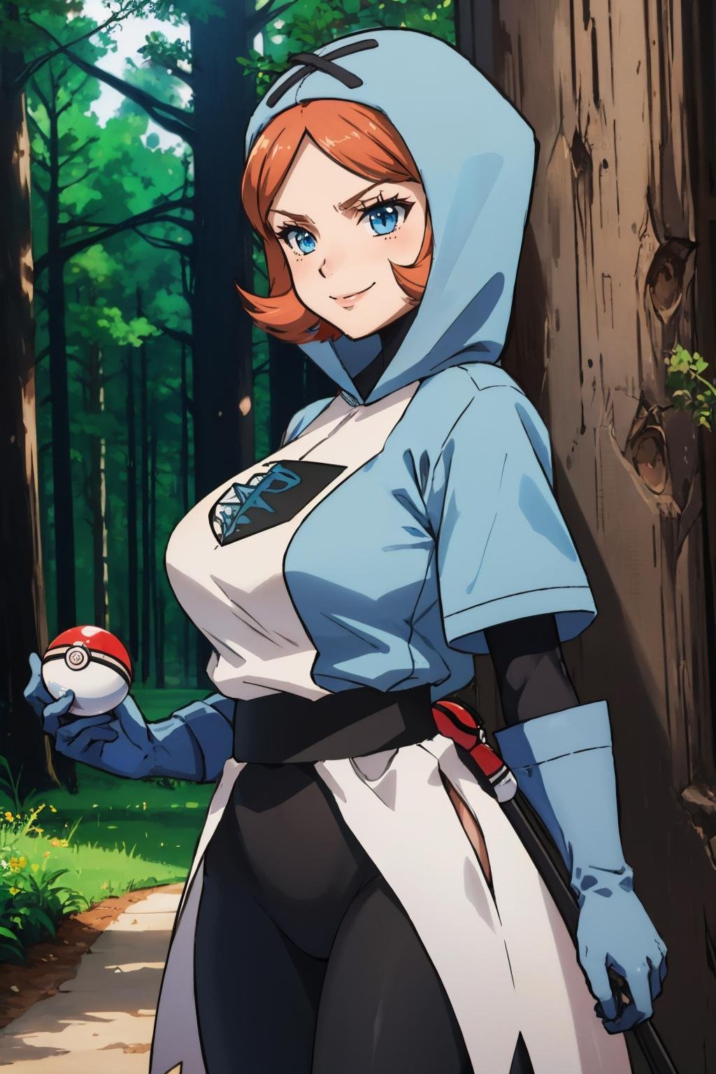 masterpiece, best quality,  <lora:pkmntpg-nvwls-v1-000010:1> pkmntpg, hood, white dress, blue gloves, black leggings, huge breasts, standing, forest, holding poke ball, poke ball \(basic\), smile, furrowed brow