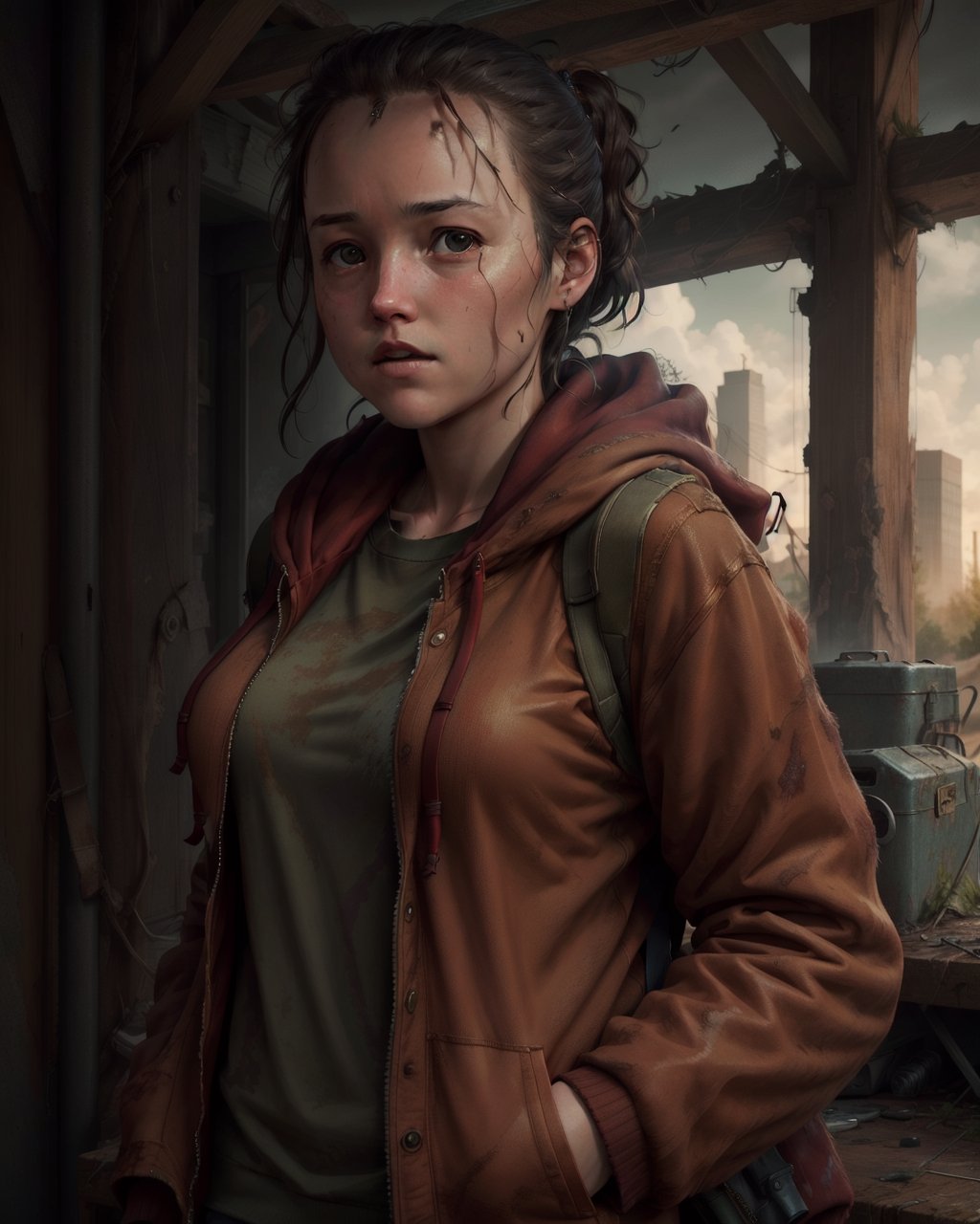 TheLastOfUs <lora:TheLastOfUs-000001:0.7> photo of  a 1girl ellie, masterpiece, highres, photorealistic, best quality, perfect lighting, 8k, realistic, photo-realistic, ultra-detailed, red hooded sweater