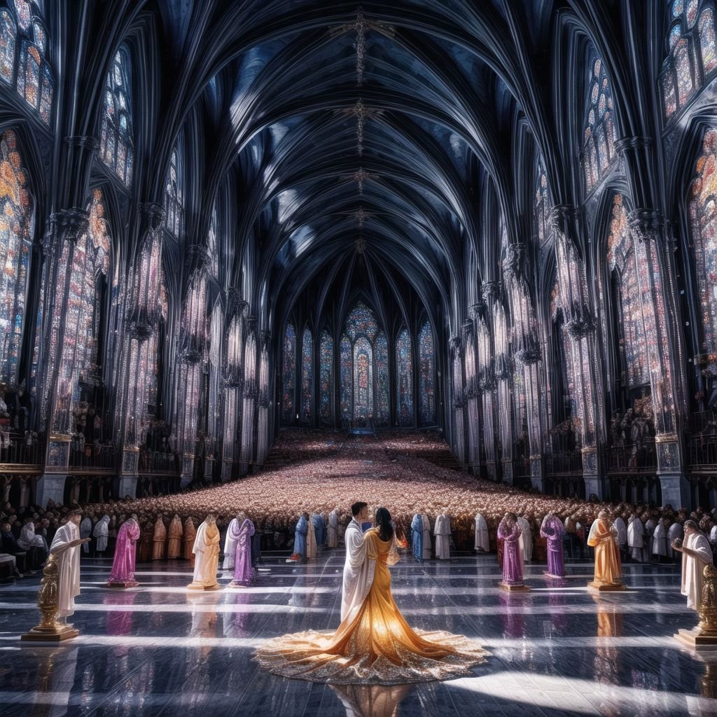 A vibrant, crystalline cathedral at sunset, casting prismatic shadows as figures in flowing robes perform a mesmerizing dance.<lora:add_detail:.5> <lora:more_details:.5> <lora:people_count_slider_v1:3>