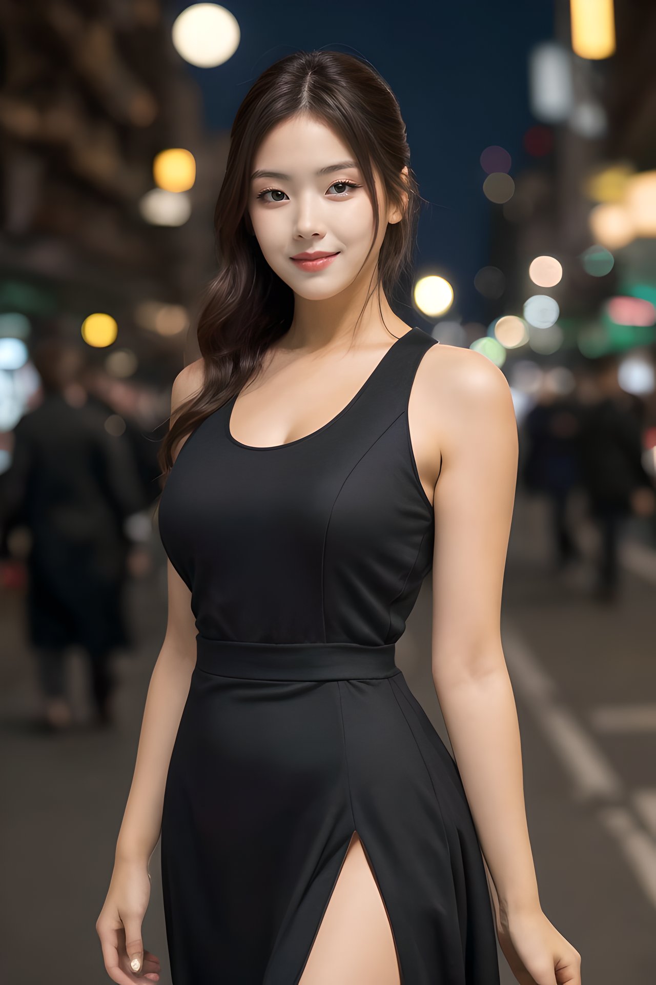 ((upper body:1.2)), nikon RAW photo,8 k, Fujifilm XT3,masterpiece, best quality, realistic, photorealistic, ultra detailed, extremely detailed face, small smile, solo,1girl, standing, fashionable and trendy atmosphere, and a stylish expression on her face, close up, (narrow waist), black dress, walking, at the dark streets, moonrise, sleeveless, fabric clothes, big tits,